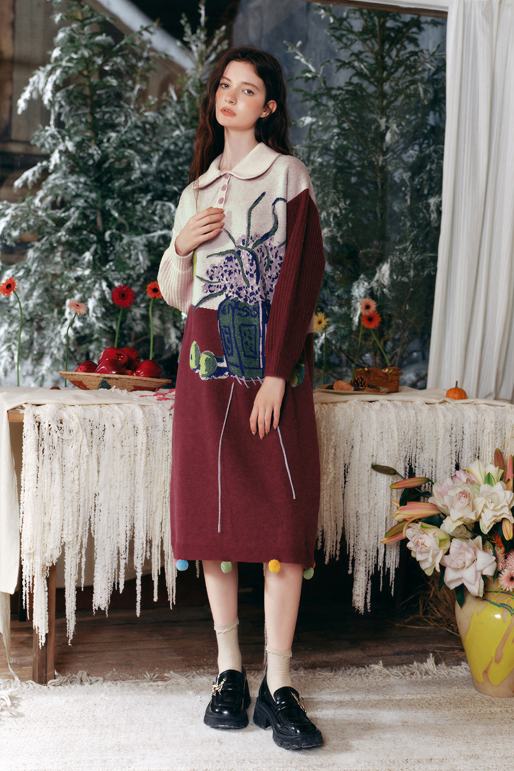 Oil painting niche knitted sweater dress