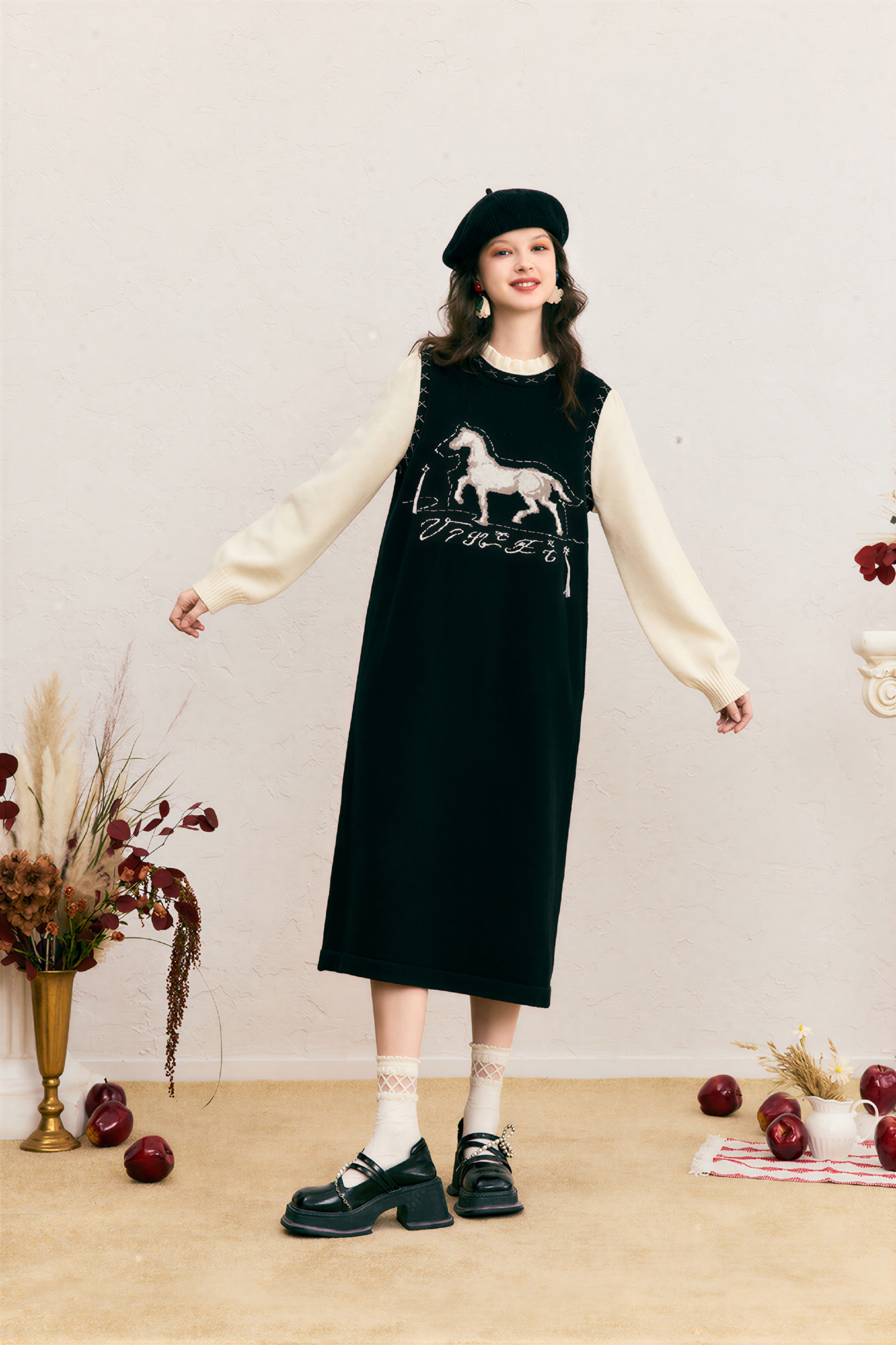 Van Gogh-Inspired Layered-Look Knit Long-Sleeve Dress