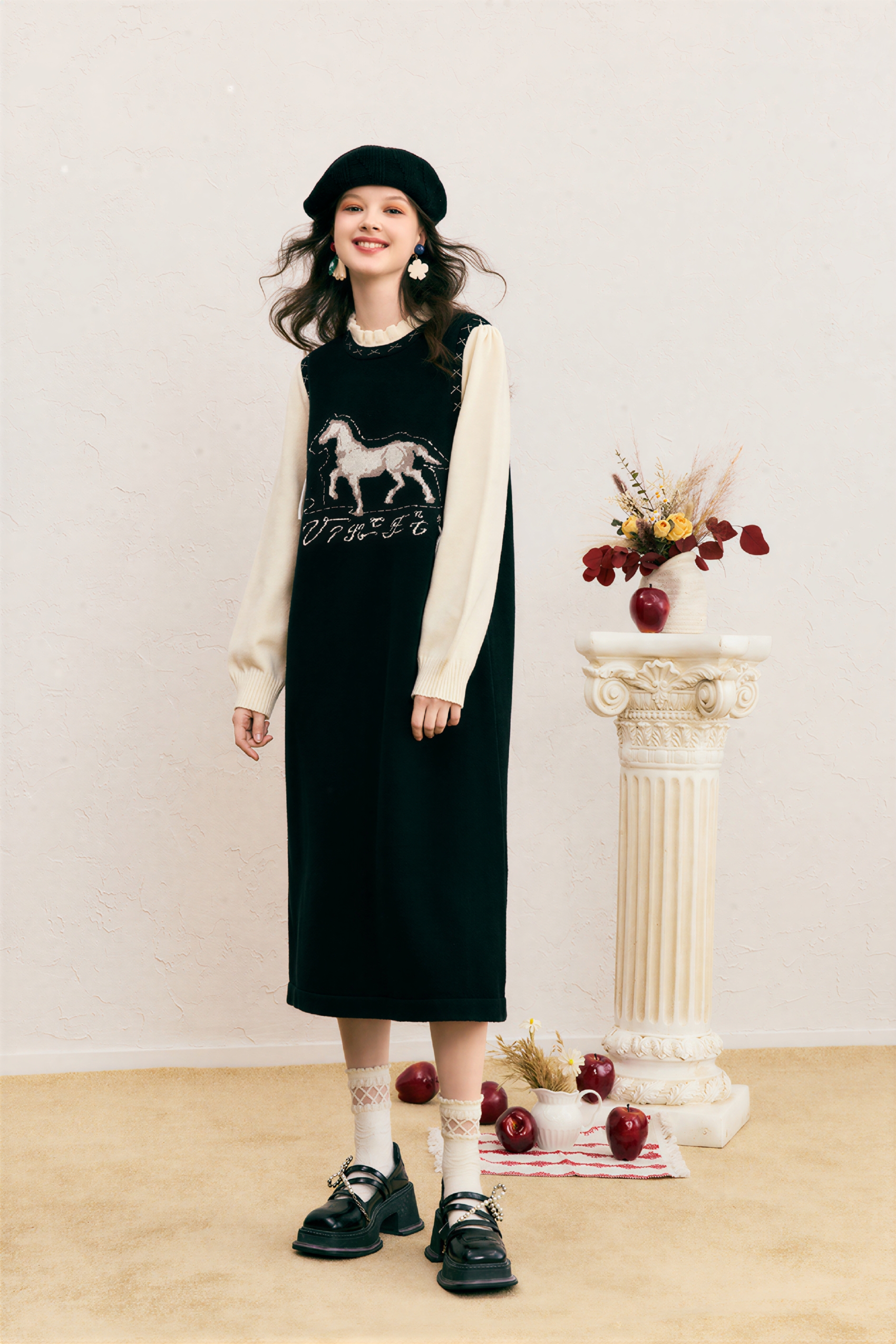 Van Gogh-Inspired Layered-Look Knit Long-Sleeve Dress