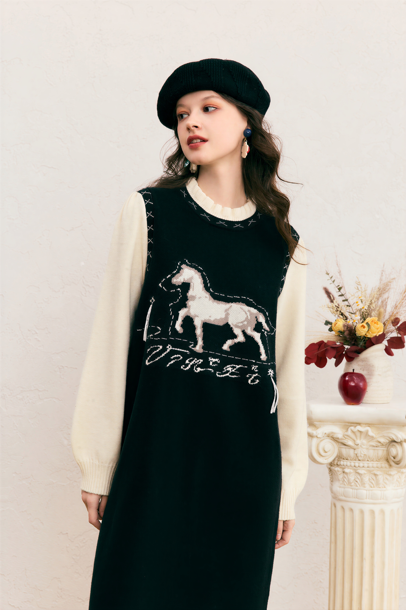 Van Gogh-Inspired Layered-Look Knit Long-Sleeve Dress