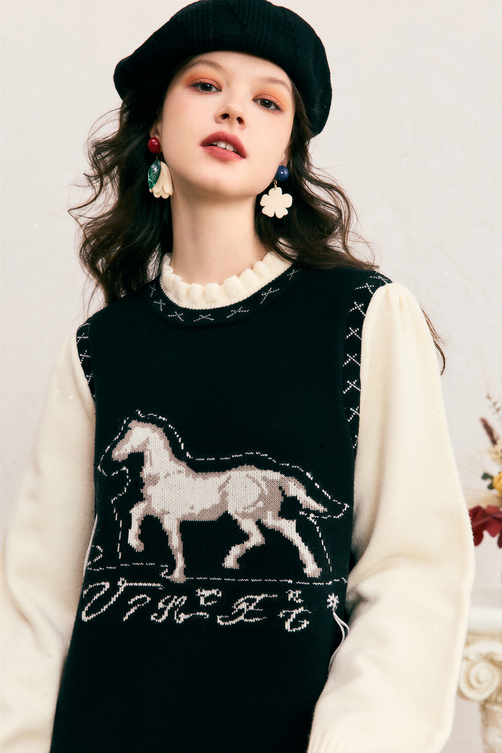 Van Gogh-Inspired Layered-Look Knit Long-Sleeve Dress