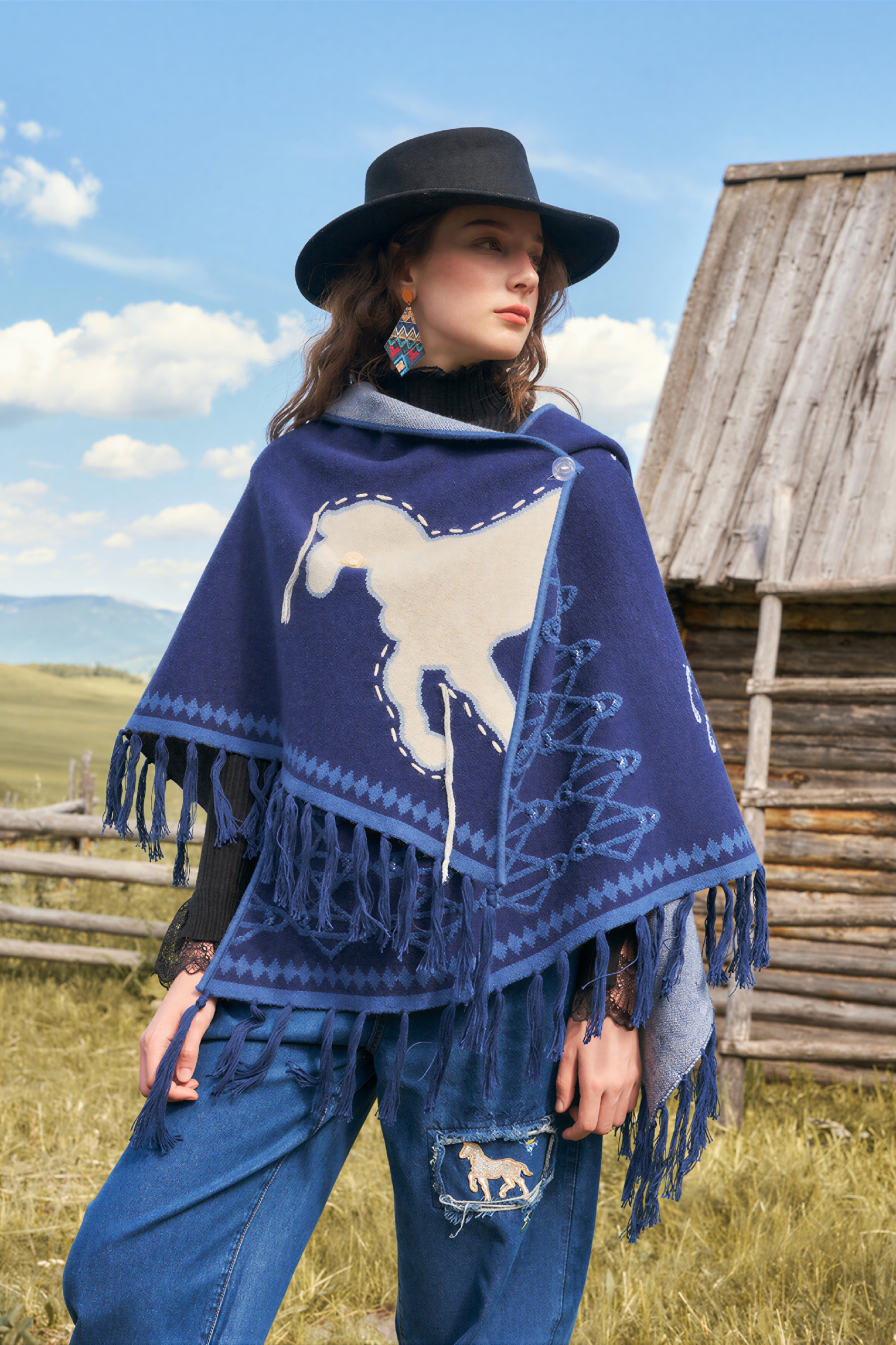 Hooded blue knitted cape