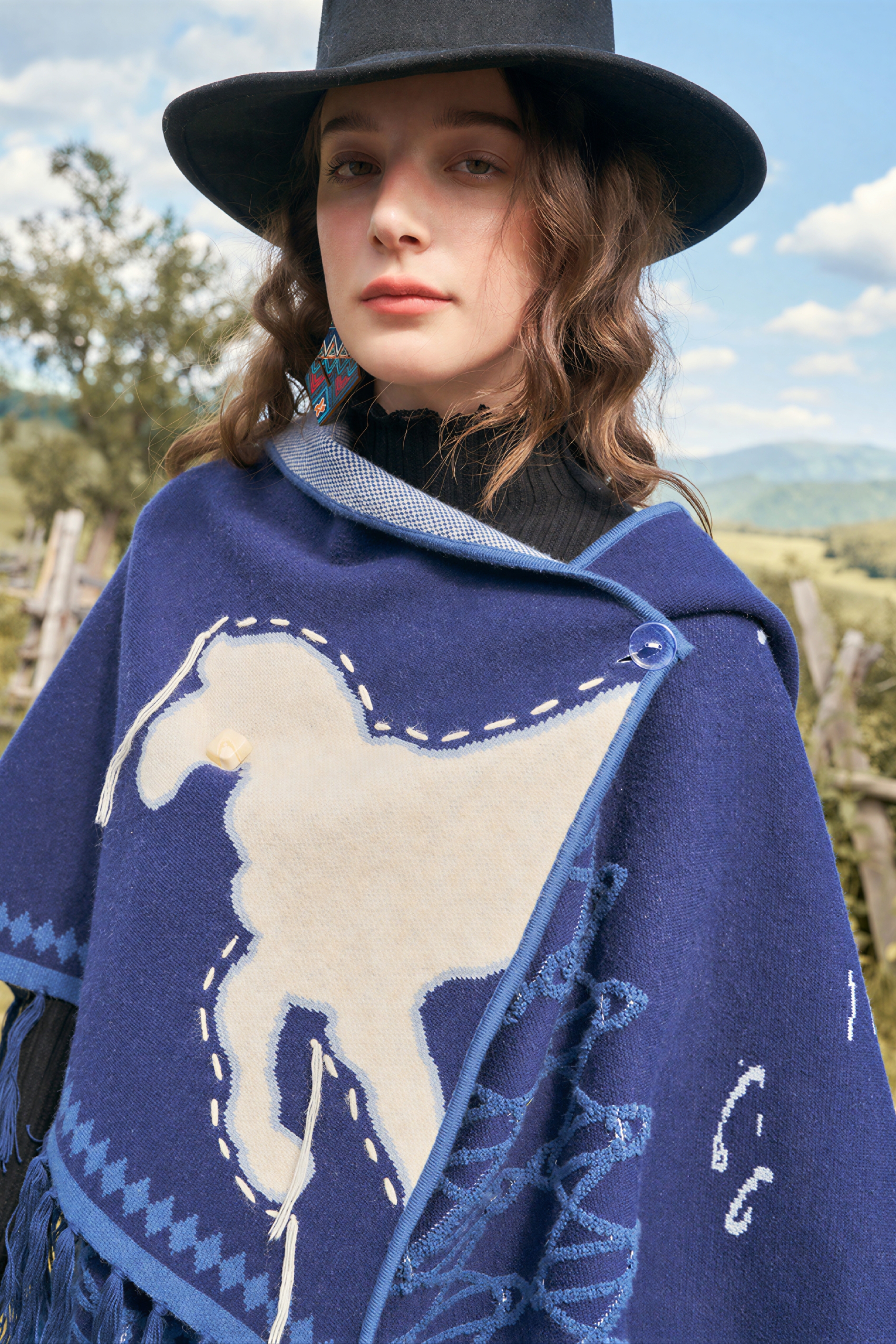 Hooded blue knitted cape