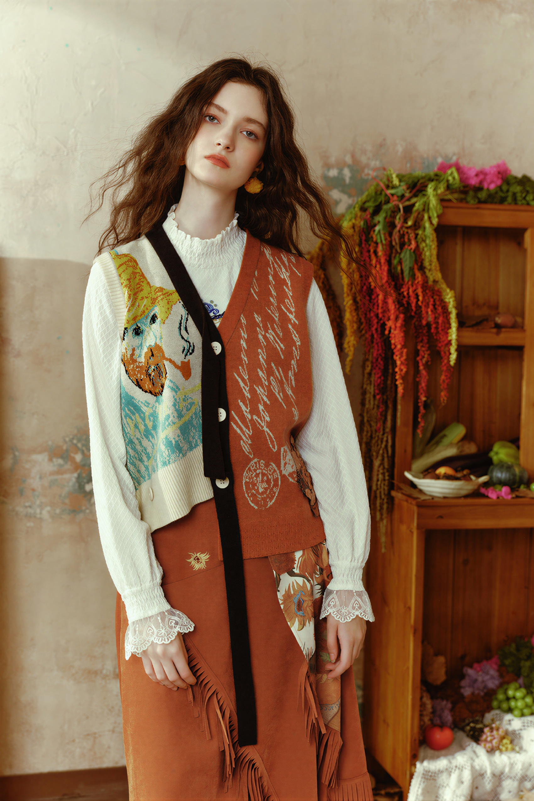 Van Gogh-Inspired V-Neck Chinese-Style Knit Vest