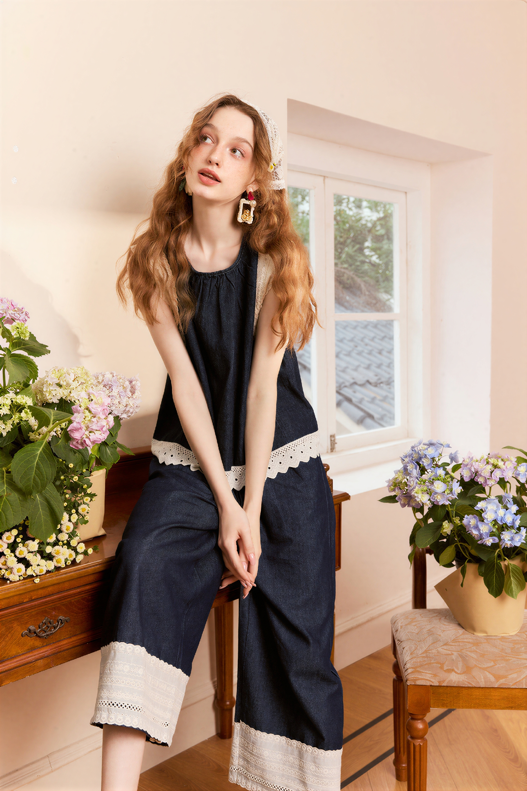 Denim Lace-Trim Sleeveless Vest