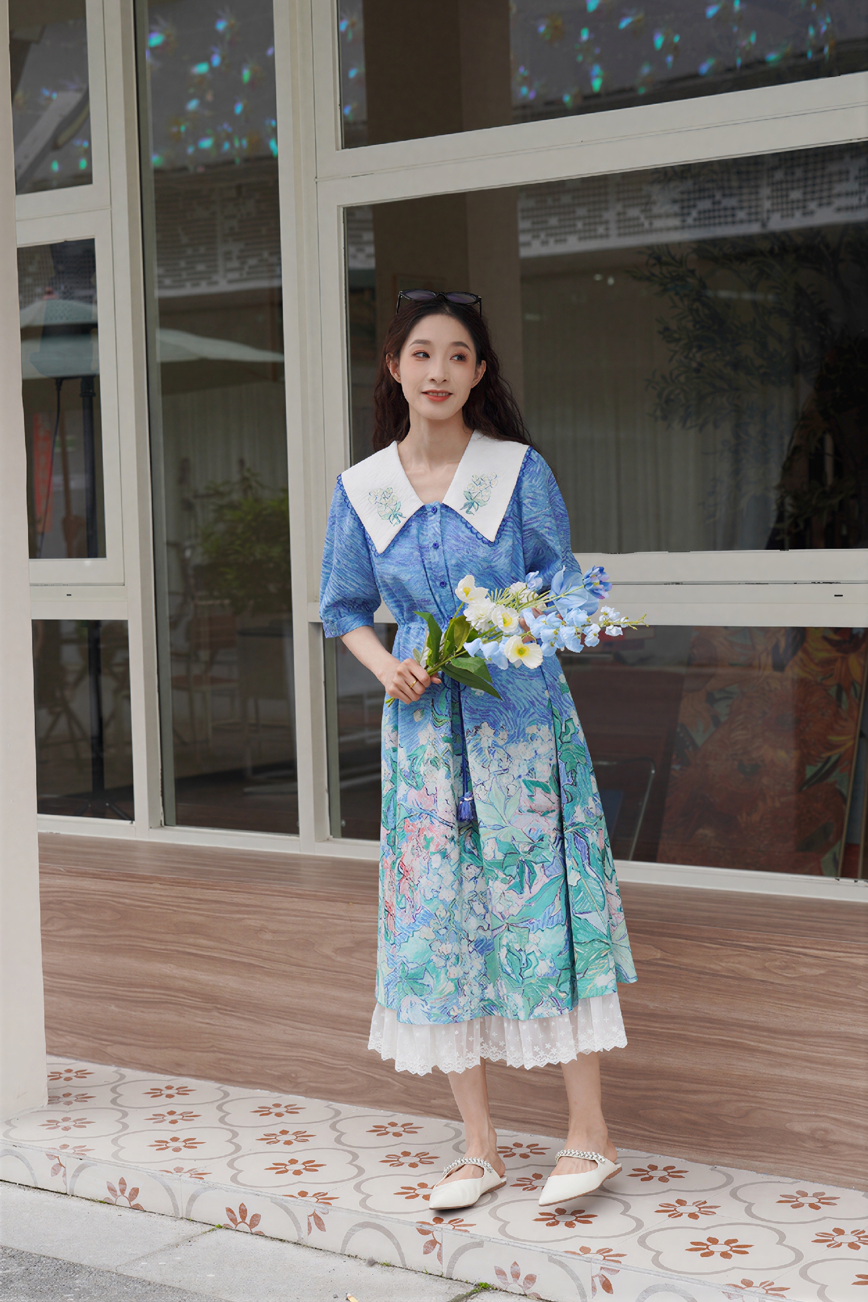 French Blue Floral Collared Dress