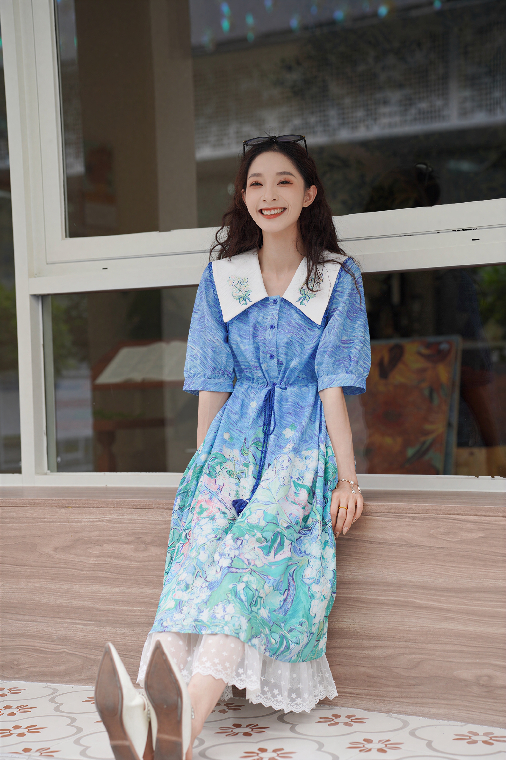 French Blue Floral Collared Dress
