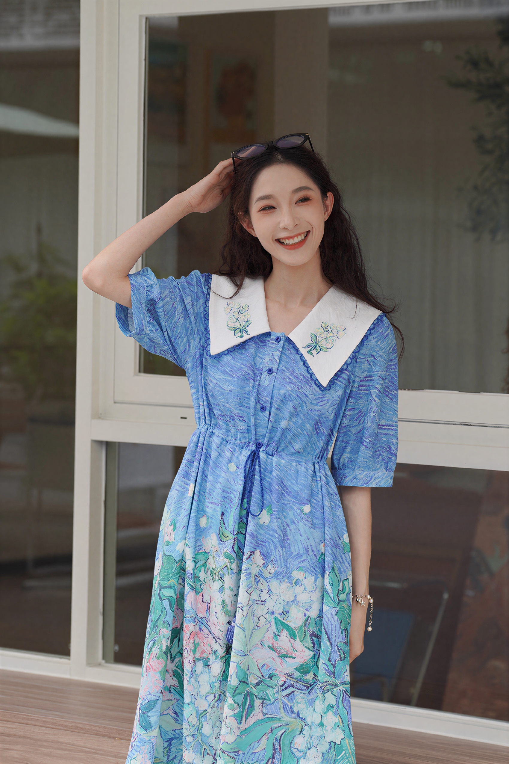 French Blue Floral Collared Dress