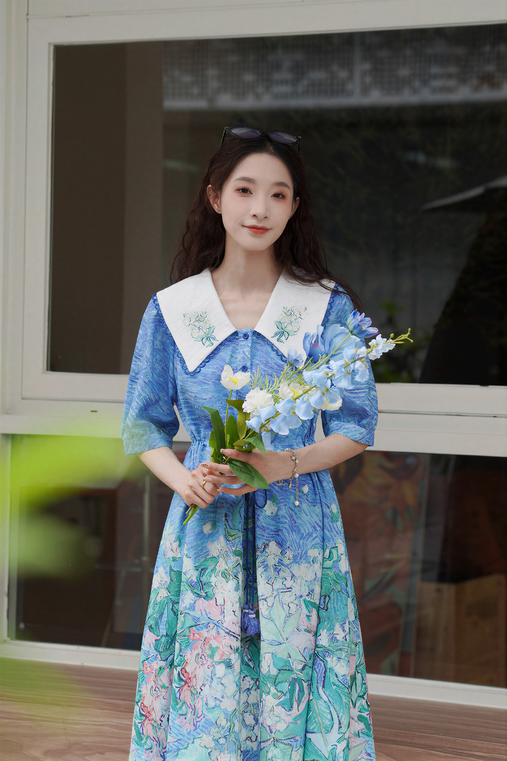 French Blue Floral Collared Dress