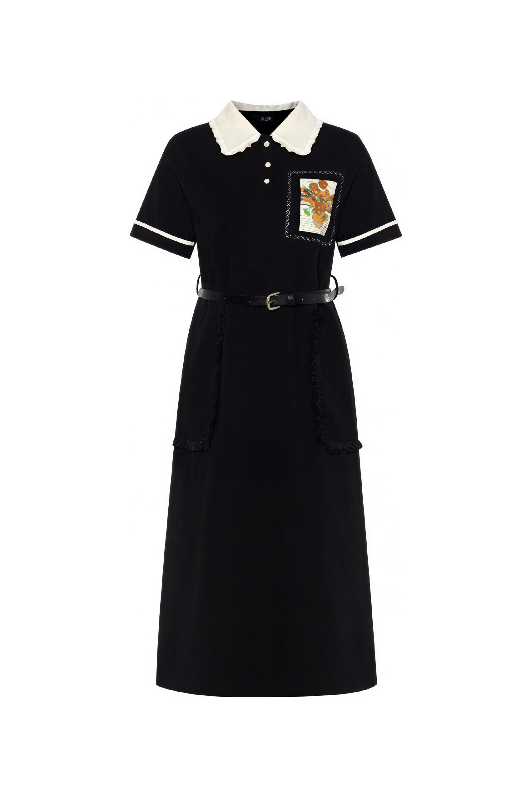 Van Gogh-Inspired Black Polo Collar Maxi Dress-LYONSENS