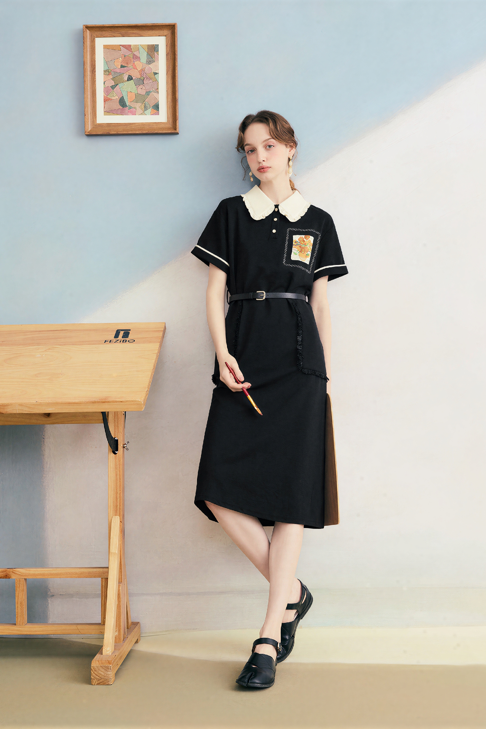 Van Gogh-Inspired Black Polo Collar Maxi Dress-LYONSENS