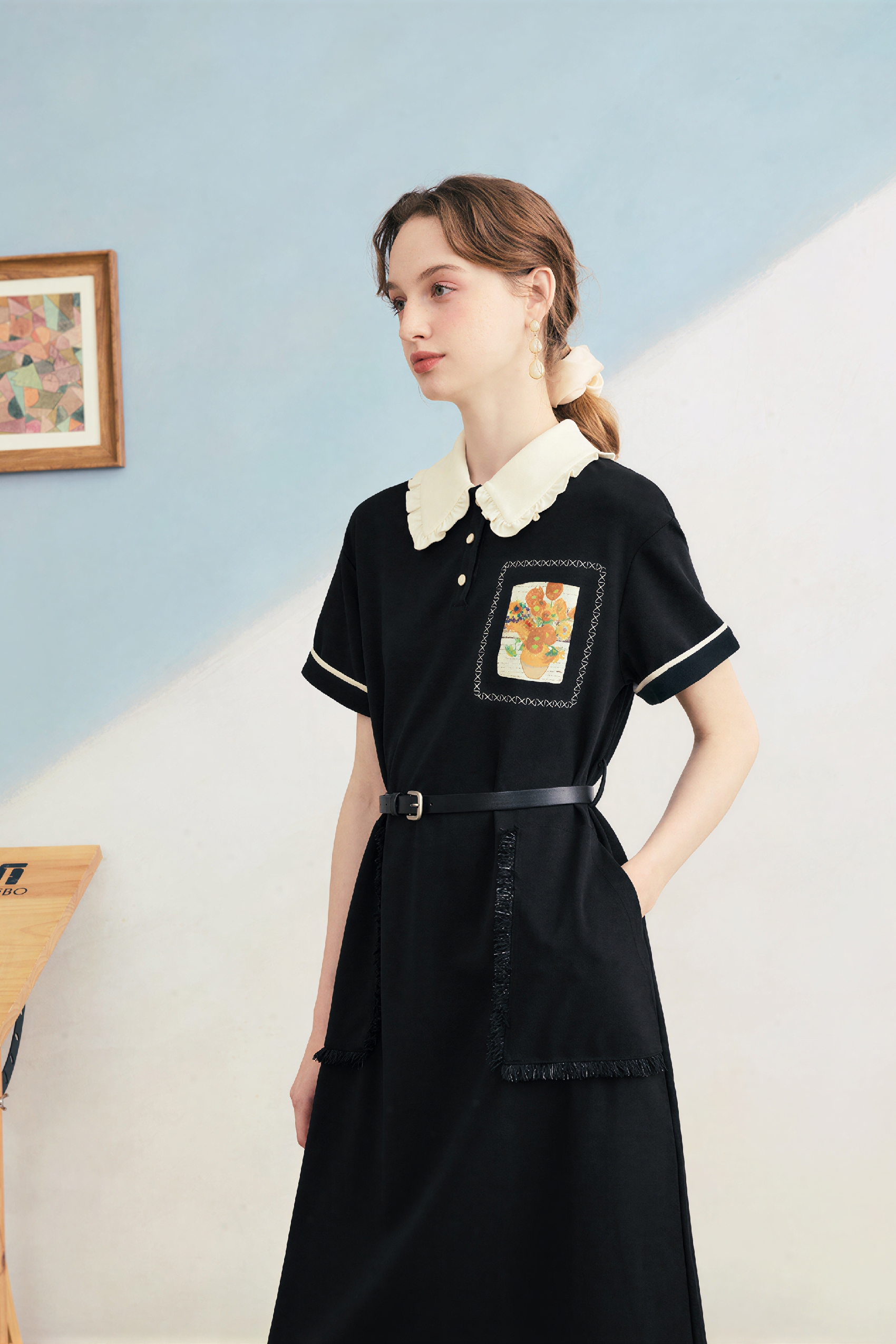Van Gogh-Inspired Black Polo Collar Maxi Dress-LYONSENS
