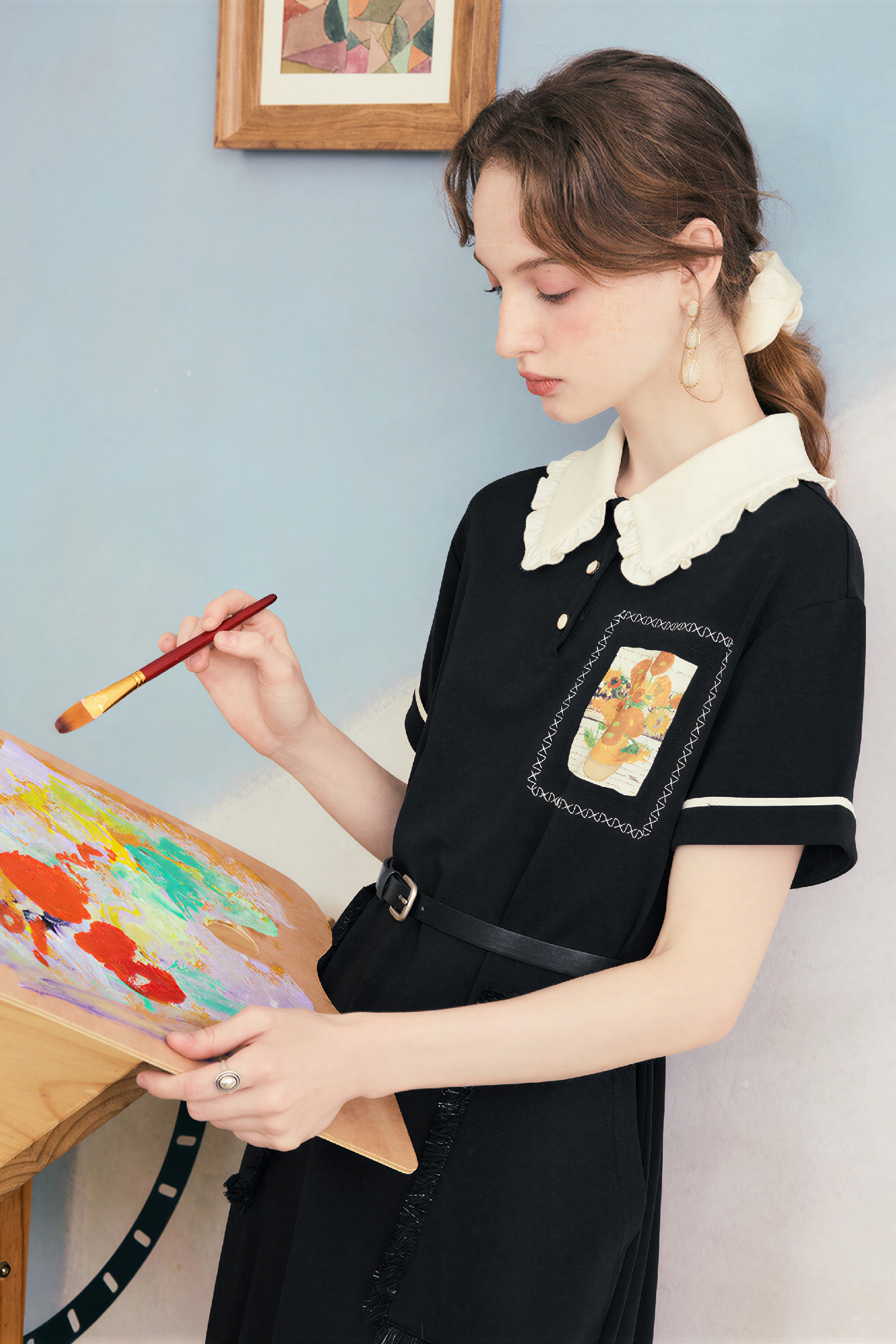 Van Gogh-Inspired Black Polo Collar Maxi Dress-LYONSENS