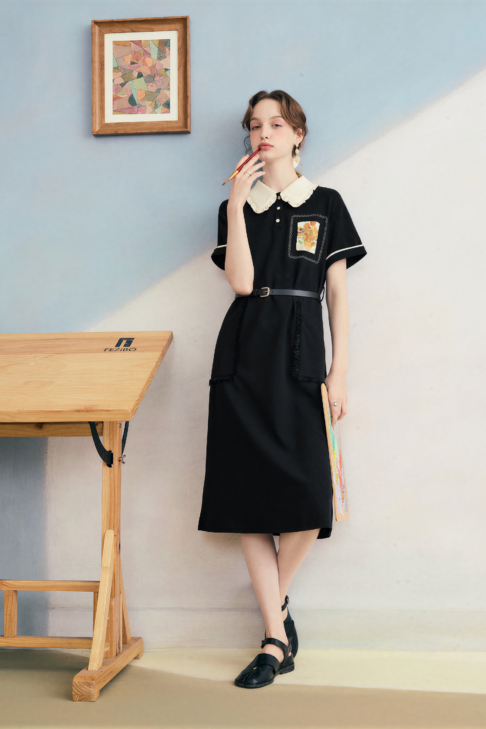 Van Gogh-Inspired Black Polo Collar Maxi Dress-LYONSENS