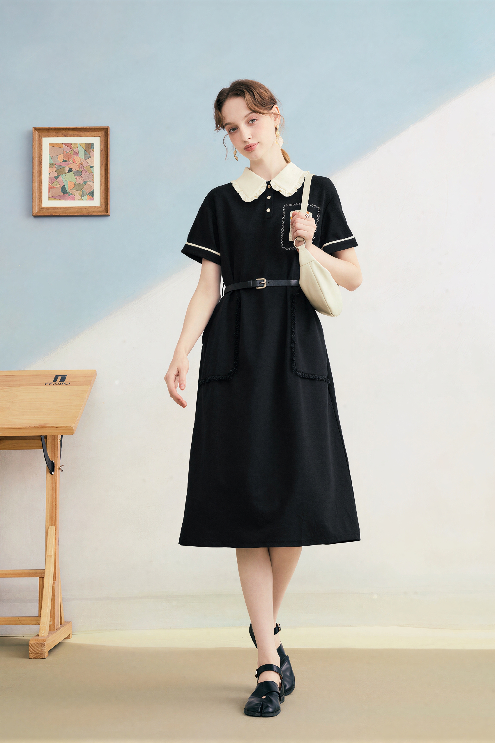 Van Gogh-Inspired Black Polo Collar Maxi Dress-LYONSENS