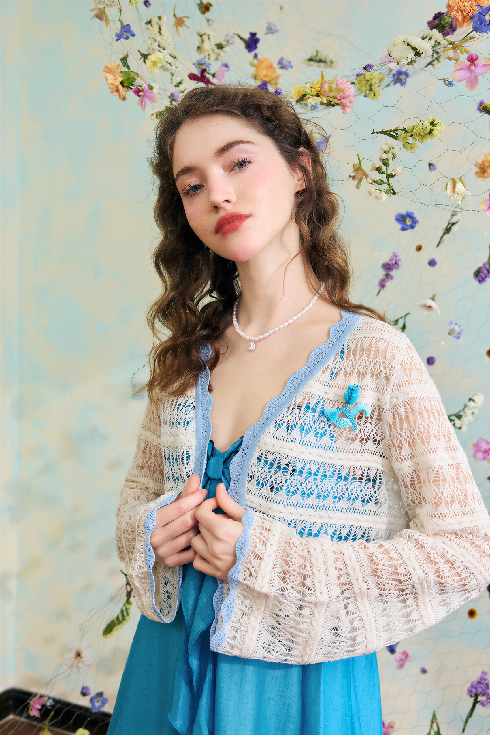Van Gogh-Inspired Open-Knit Cropped Cardigan