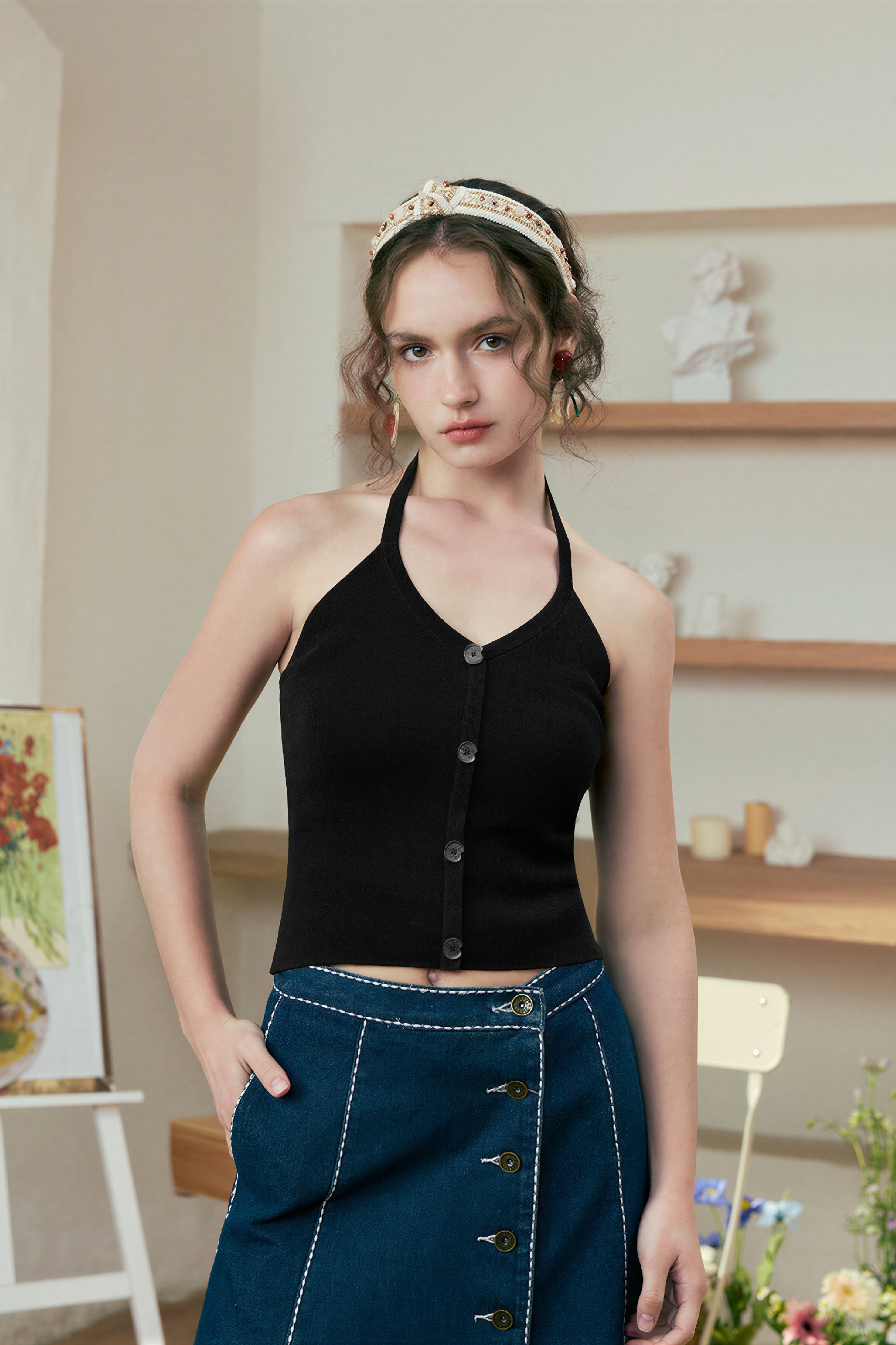 Black Halter Neck Cropped Cami