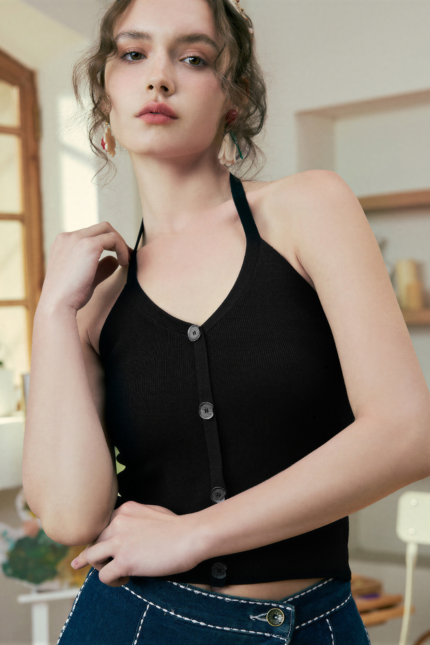 Black Halter Neck Cropped Cami