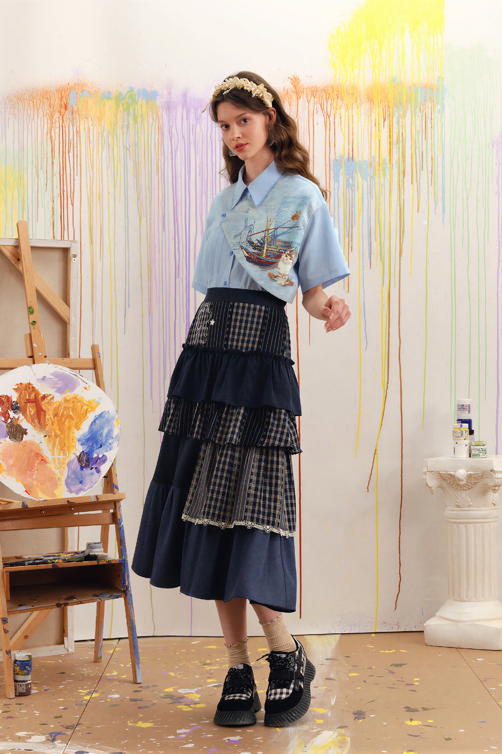 Van Gogh-Inspired Art Print Faux Layered Shirt-LYONSENS