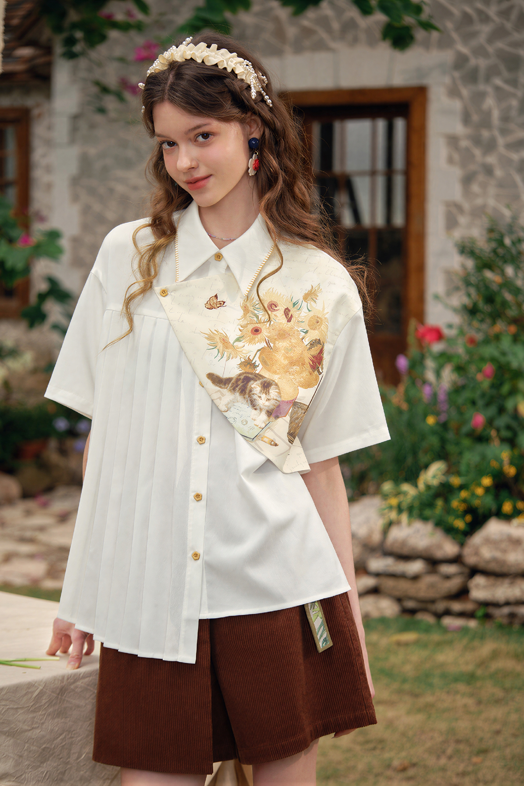 Van Gogh-Inspired Art Print Faux Layered Shirt-LYONSENS
