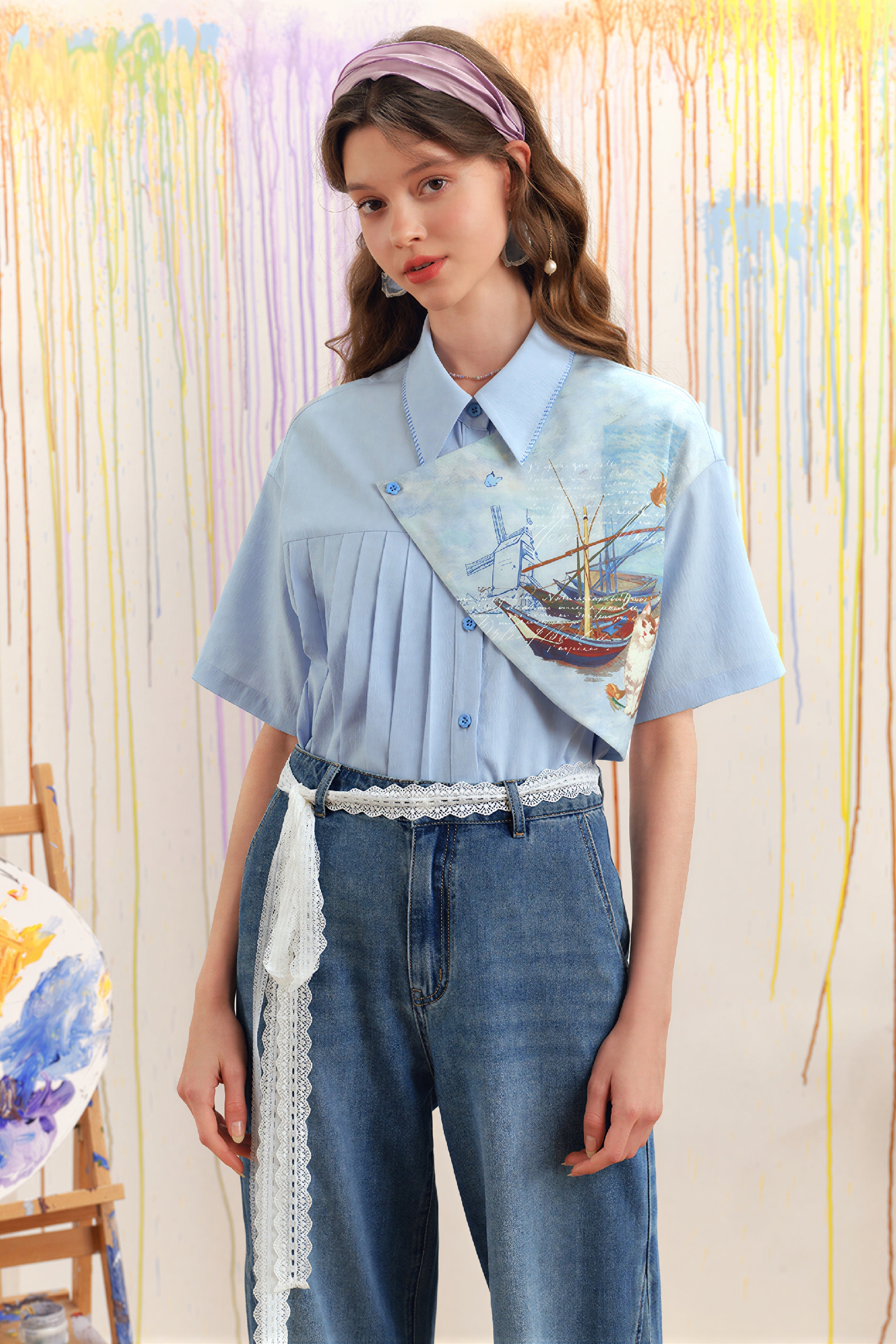 Van Gogh-Inspired Art Print Faux Layered Shirt-LYONSENS