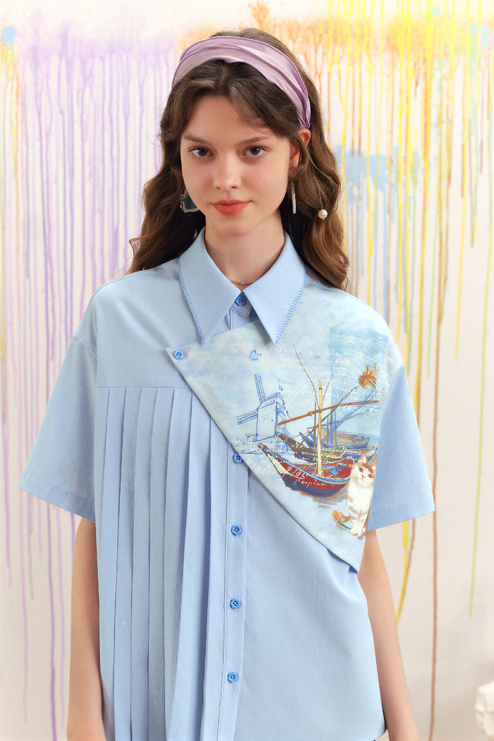 Van Gogh-Inspired Art Print Faux Layered Shirt-LYONSENS