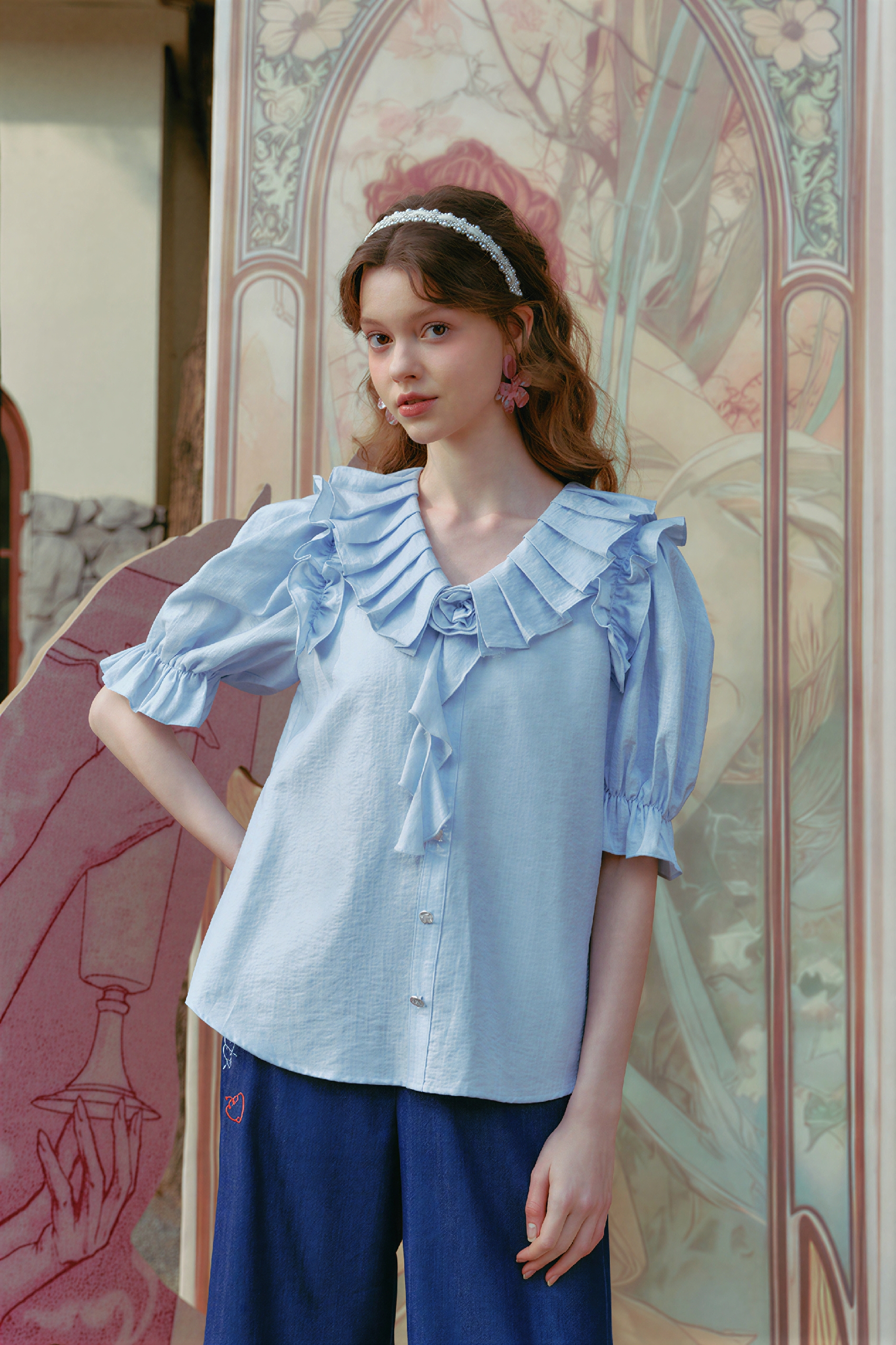 French Ruffle-Trim White Blouse | LYONSENS Women's Fashion