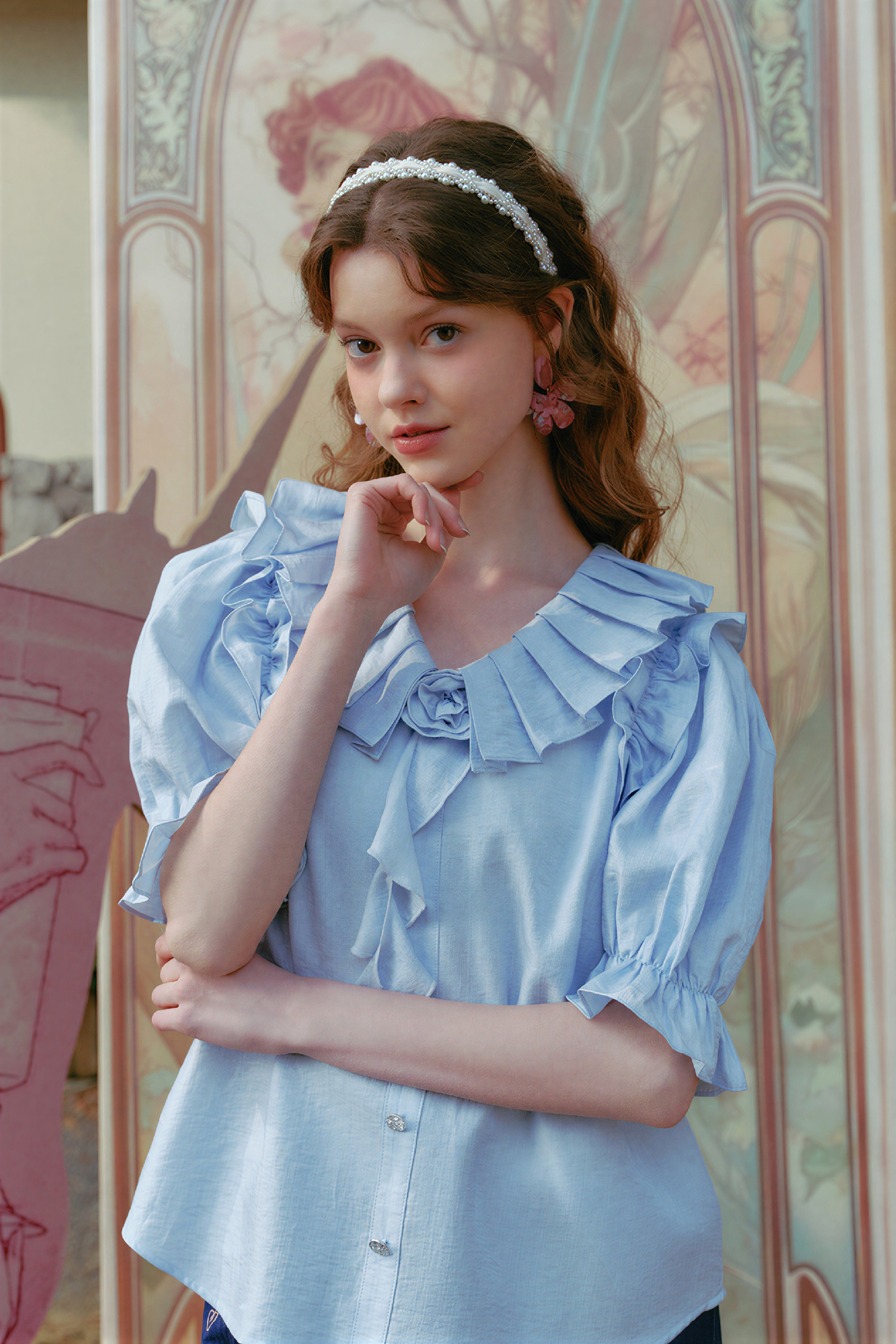 French Ruffle-Trim White Blouse | LYONSENS Women's Fashion