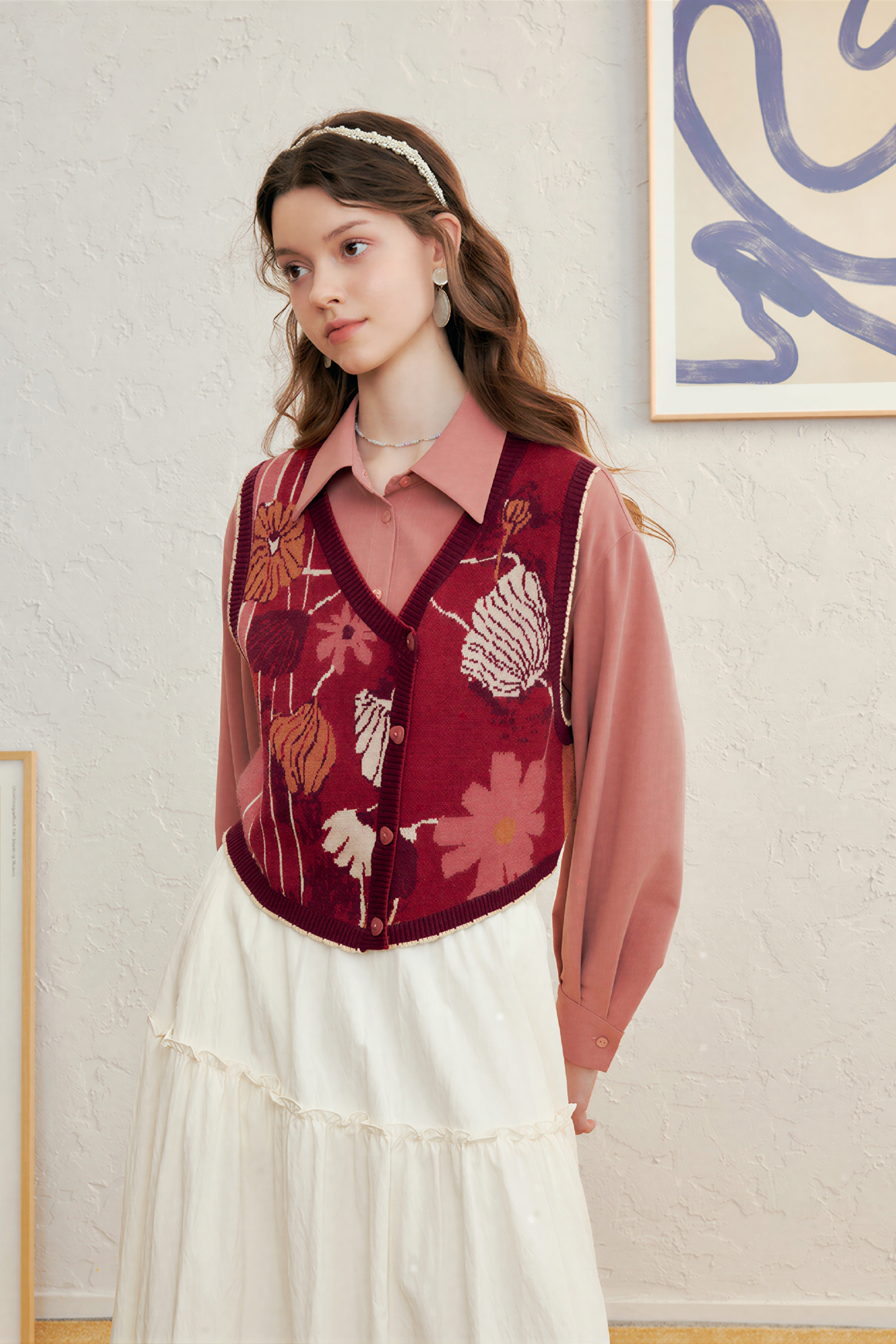 Retro jacquard faux two-piece knit sweater