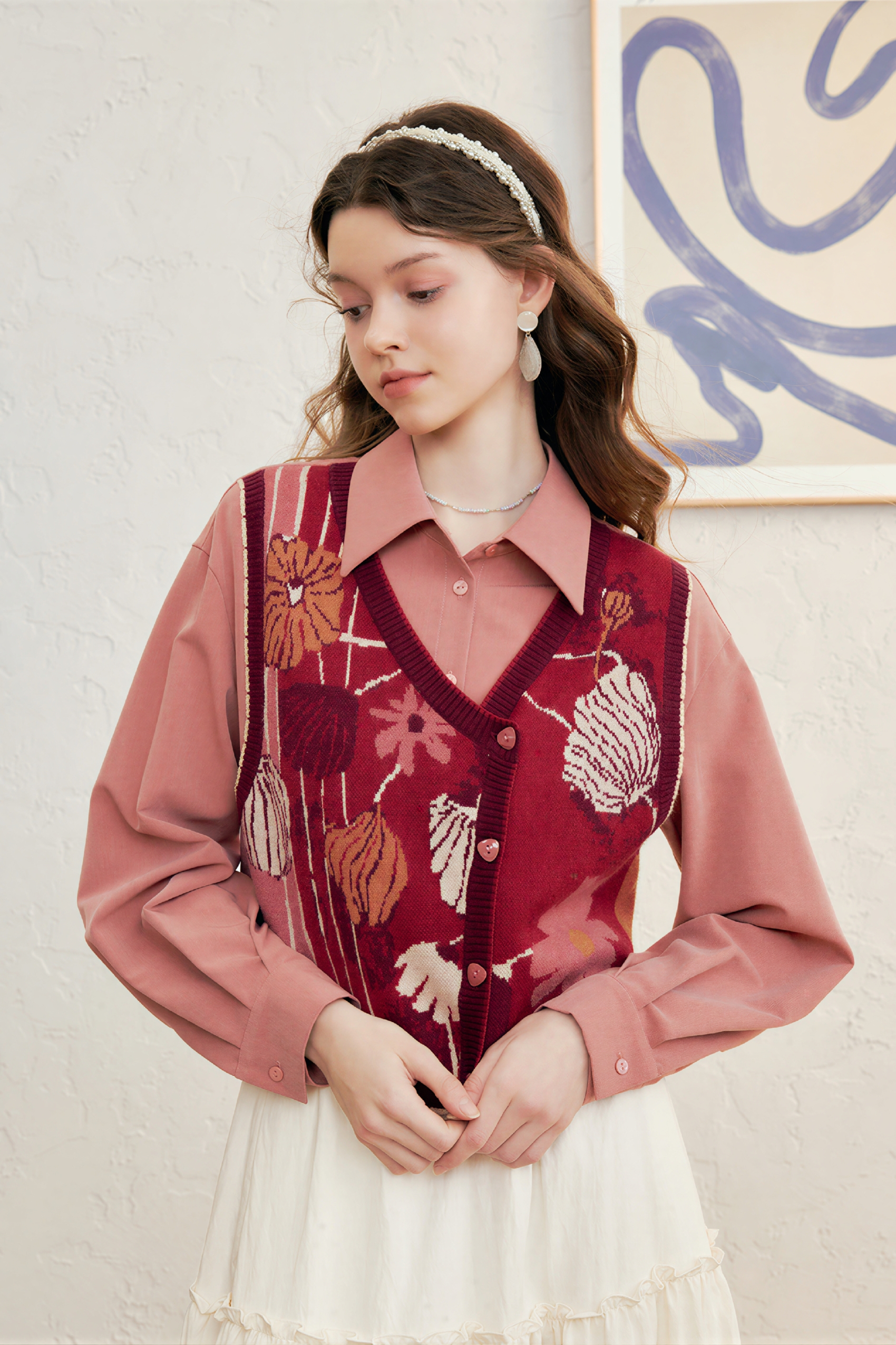 Retro jacquard faux two-piece knit sweater