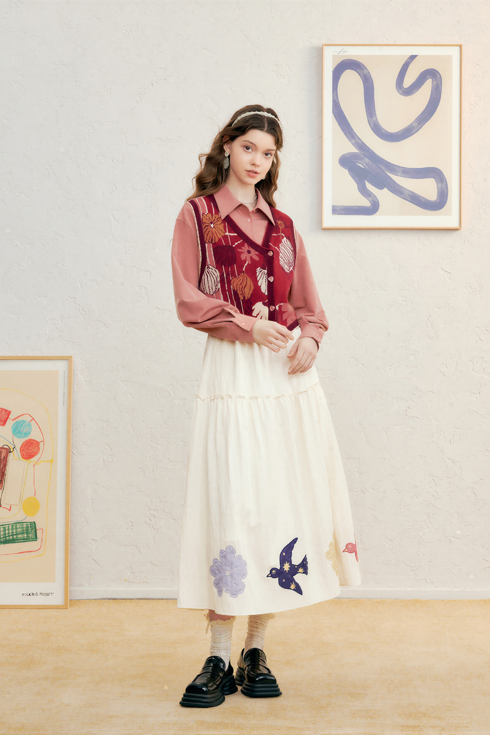 Retro jacquard faux two-piece knit sweater