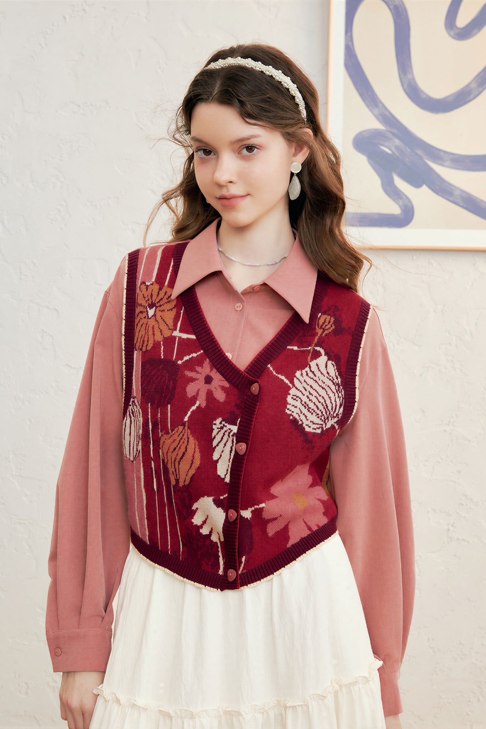 Retro jacquard faux two-piece knit sweater