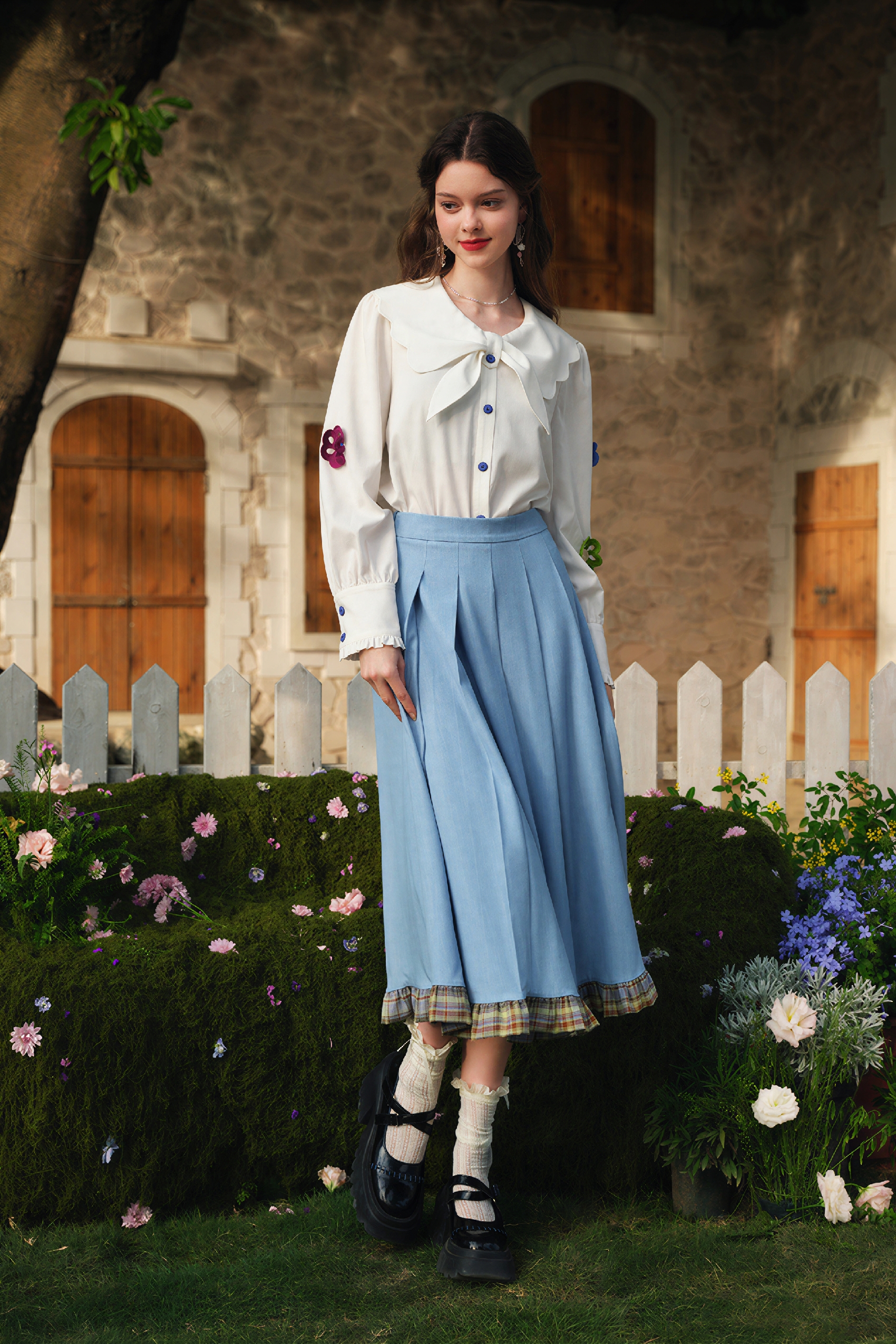 High-Waisted Pleated A-Line Blue Skirt
