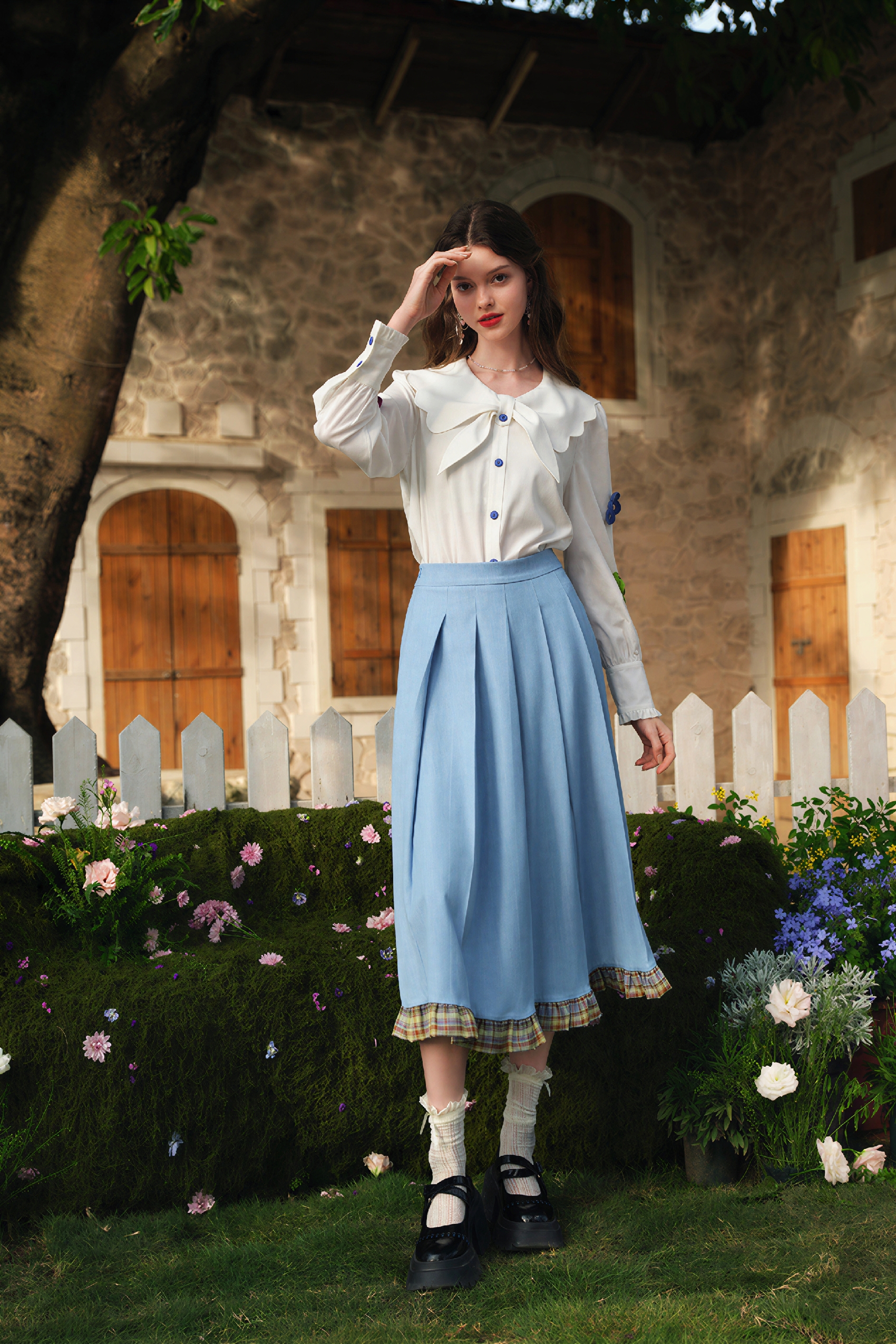 High-Waisted Pleated A-Line Blue Skirt