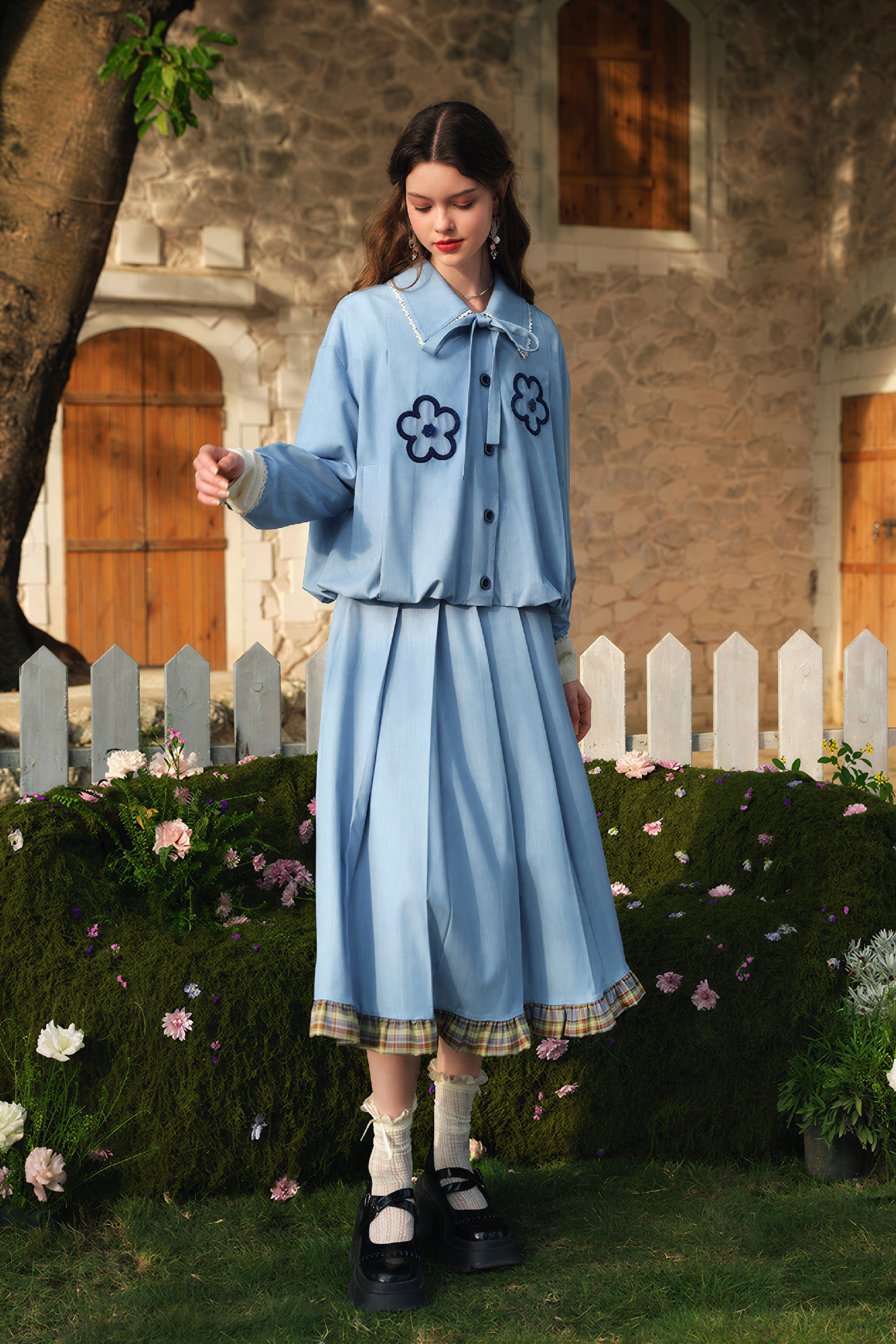 High-Waisted Pleated A-Line Blue Skirt