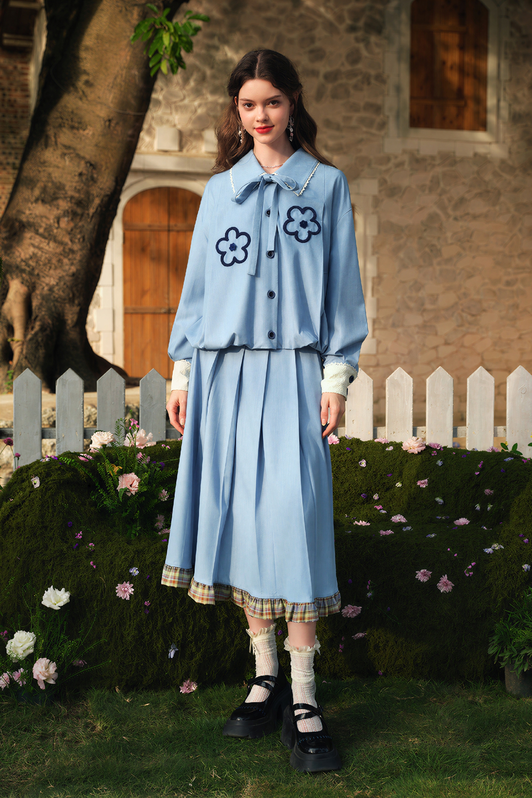 High-Waisted Pleated A-Line Blue Skirt