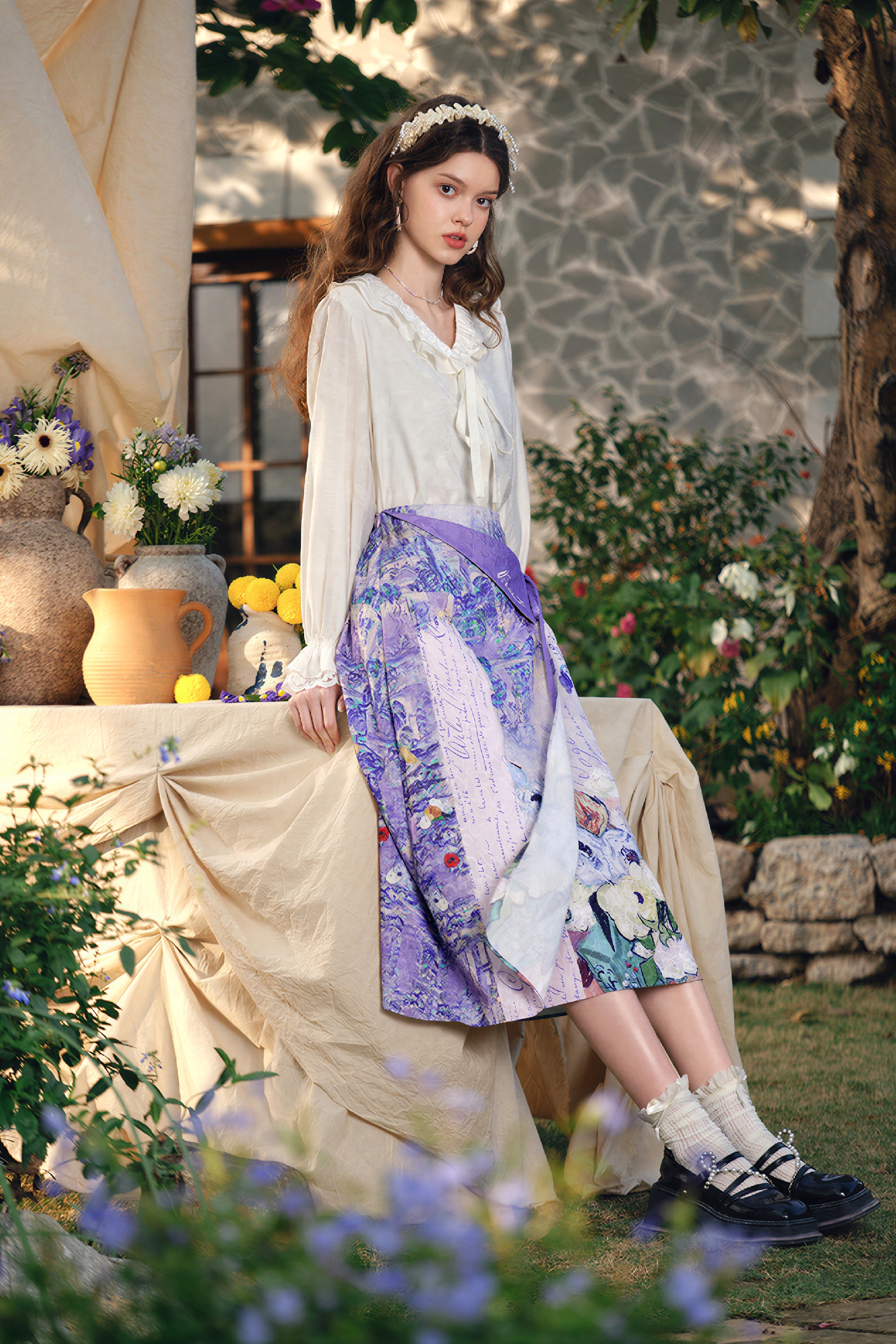 Van Gogh-Inspired Purple Art Print A-Line Skirt | LYONSENS Women's Fashion