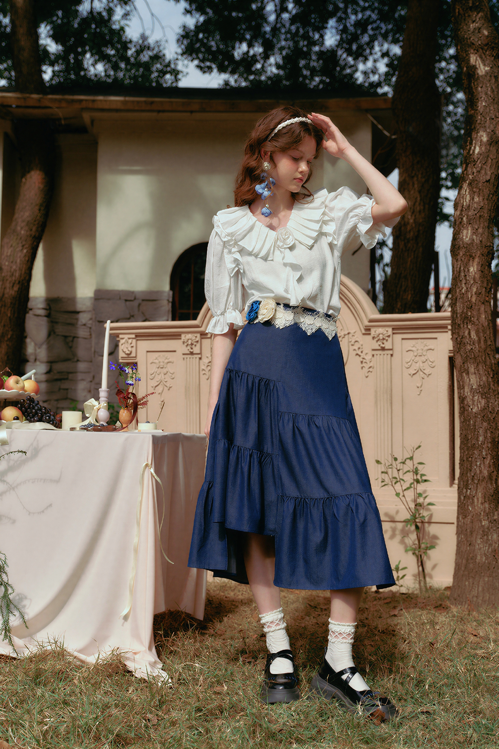 Blue High-Waisted Asymmetric A-Line Skirt-LYONSENS