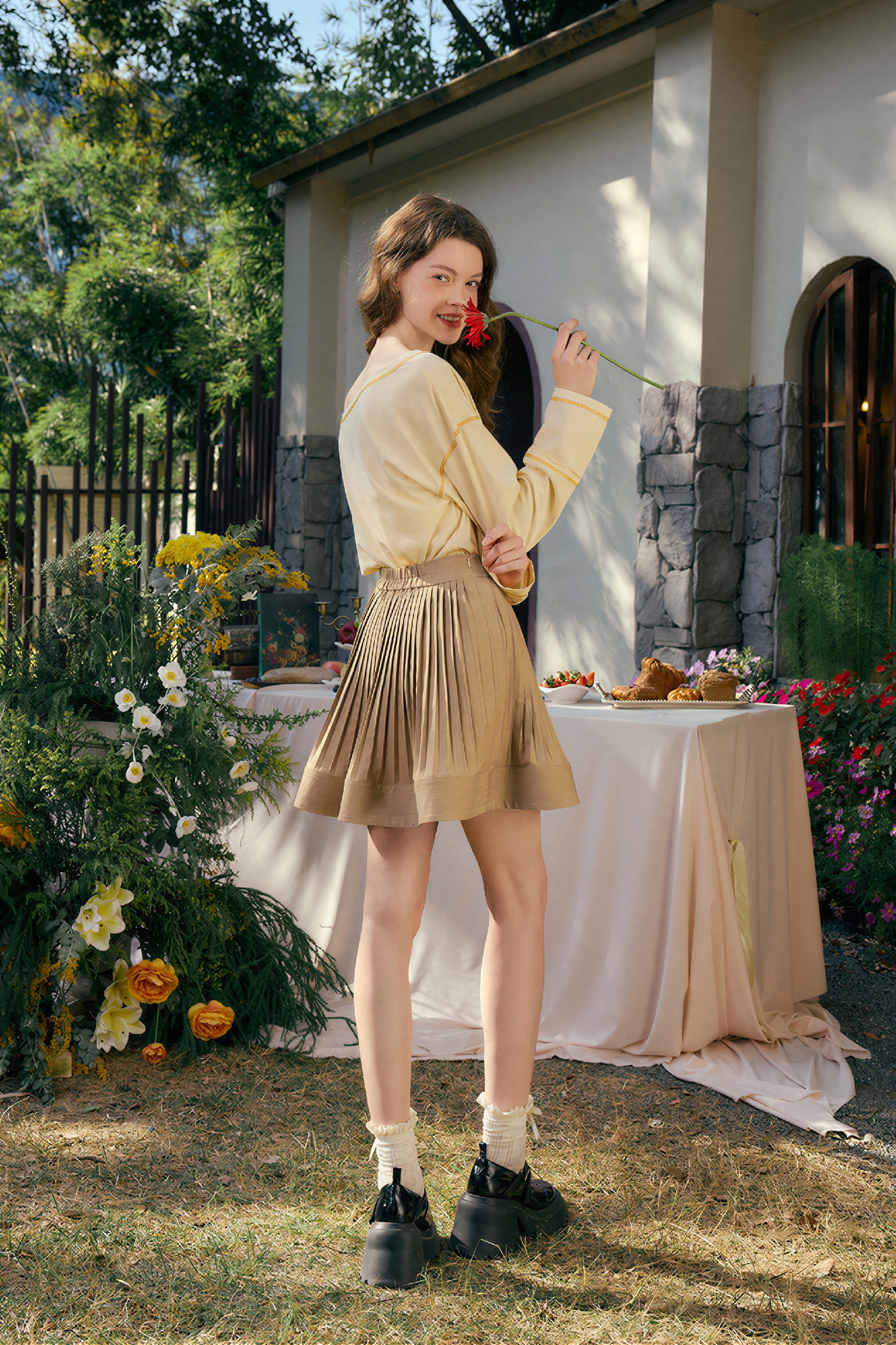 High-Waisted Pleated Mini Skirt