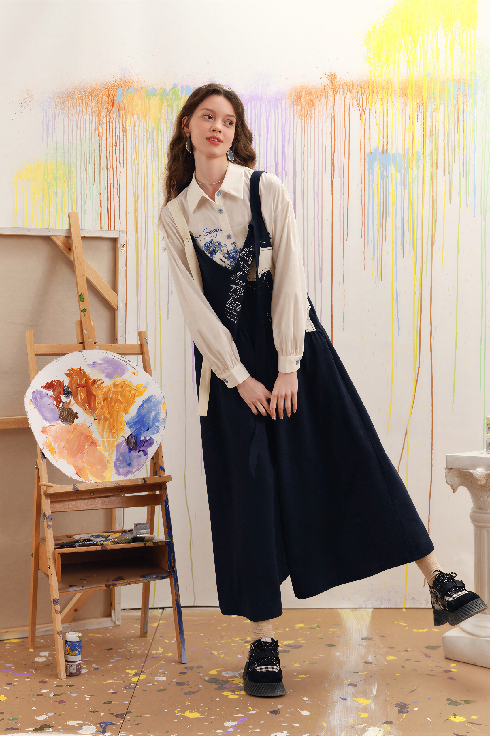 Van Gogh-Inspired Black One-Piece Overalls