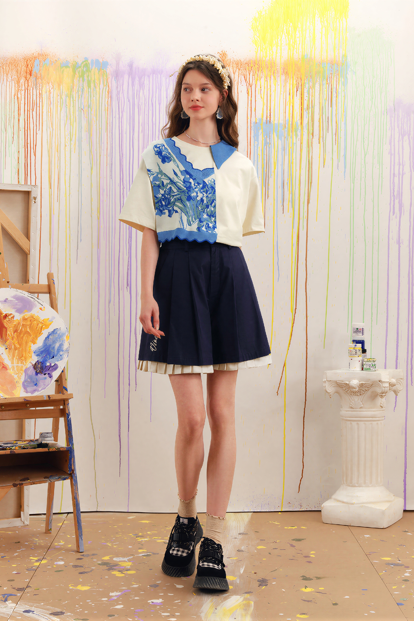 Van Gogh-Inspired Pleated Bubble Skort