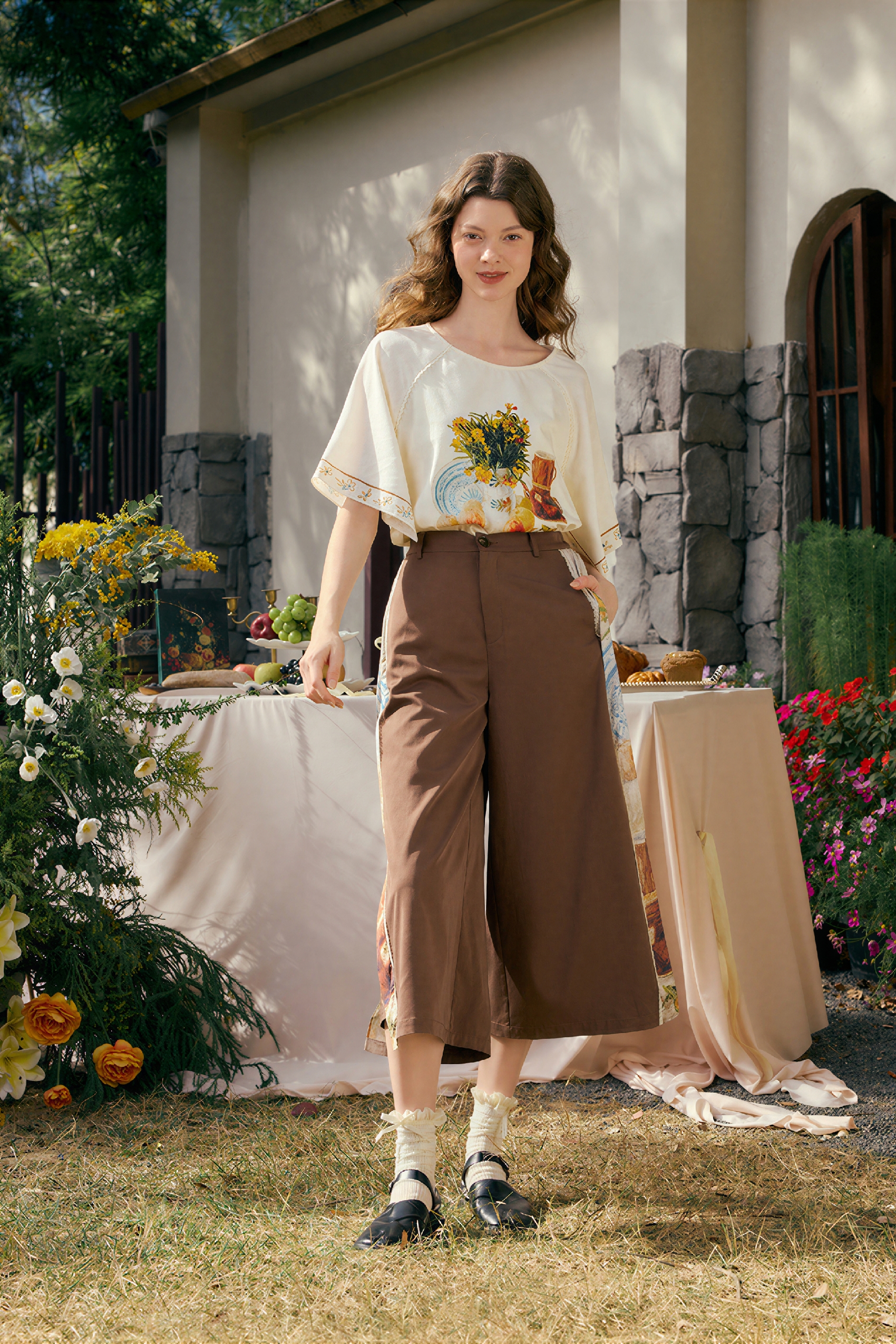 Van Gogh-Inspired High-Waisted Wide-Leg Pants