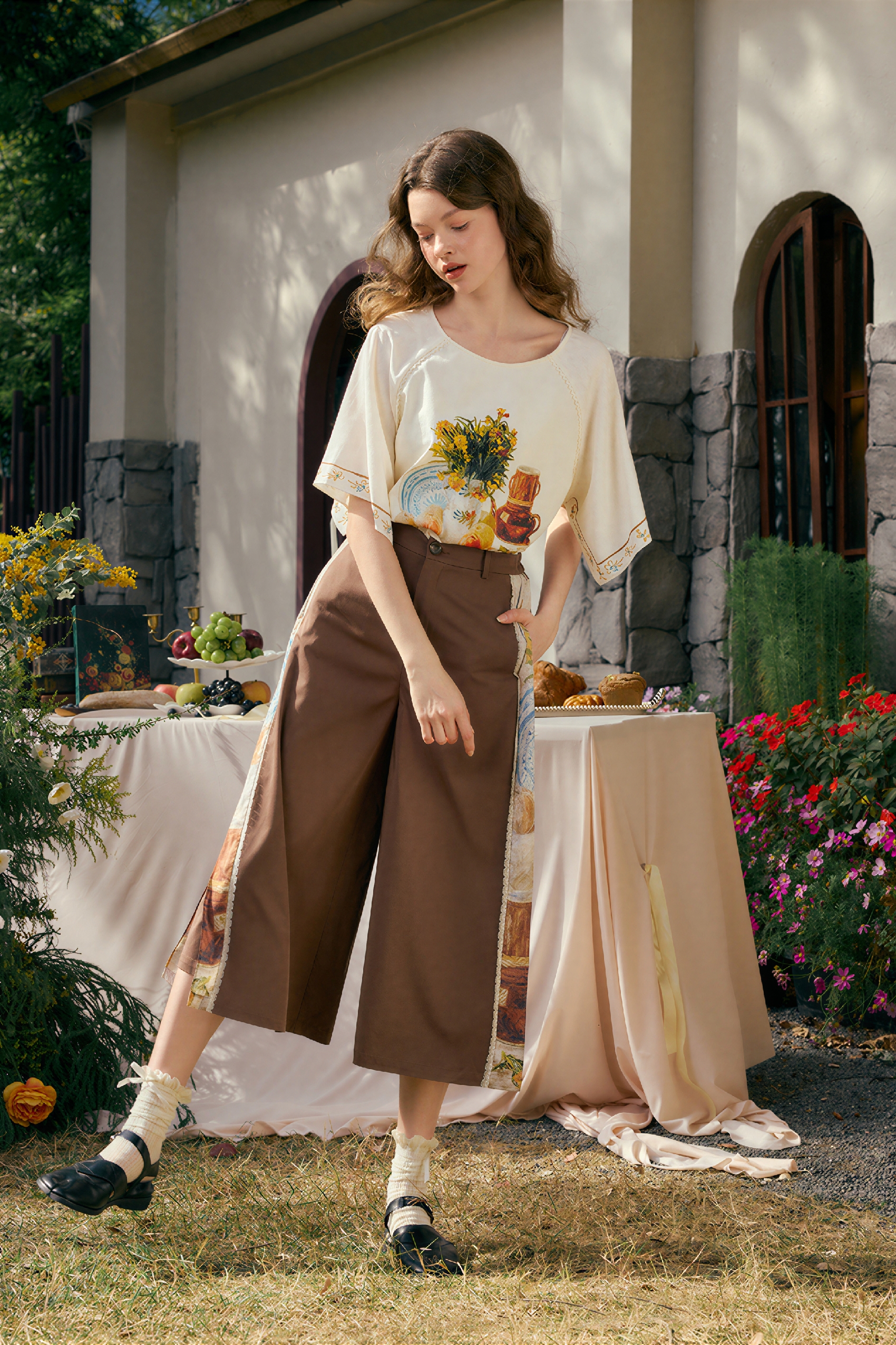 Van Gogh-Inspired High-Waisted Wide-Leg Pants