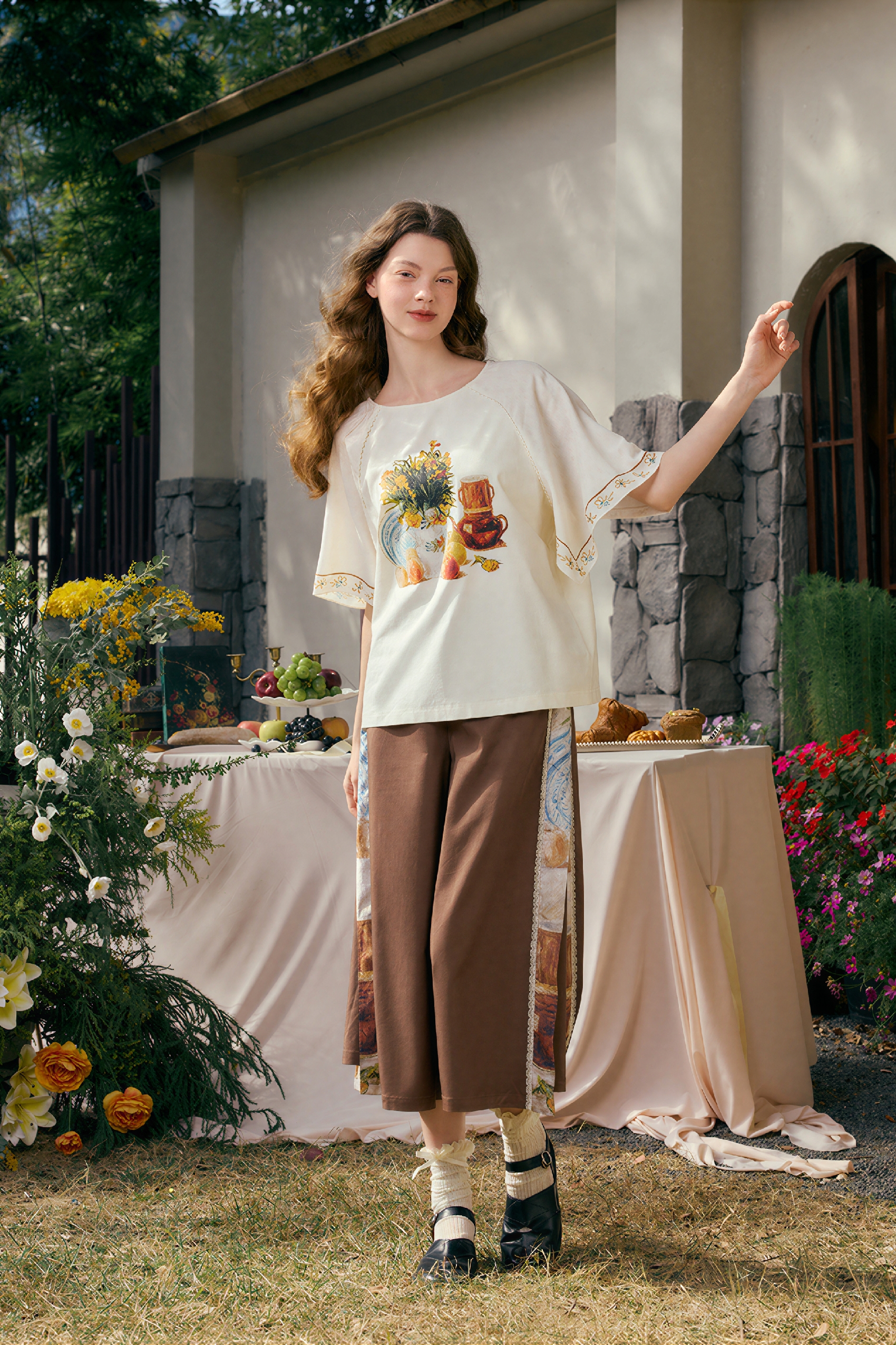 Van Gogh-Inspired High-Waisted Wide-Leg Pants