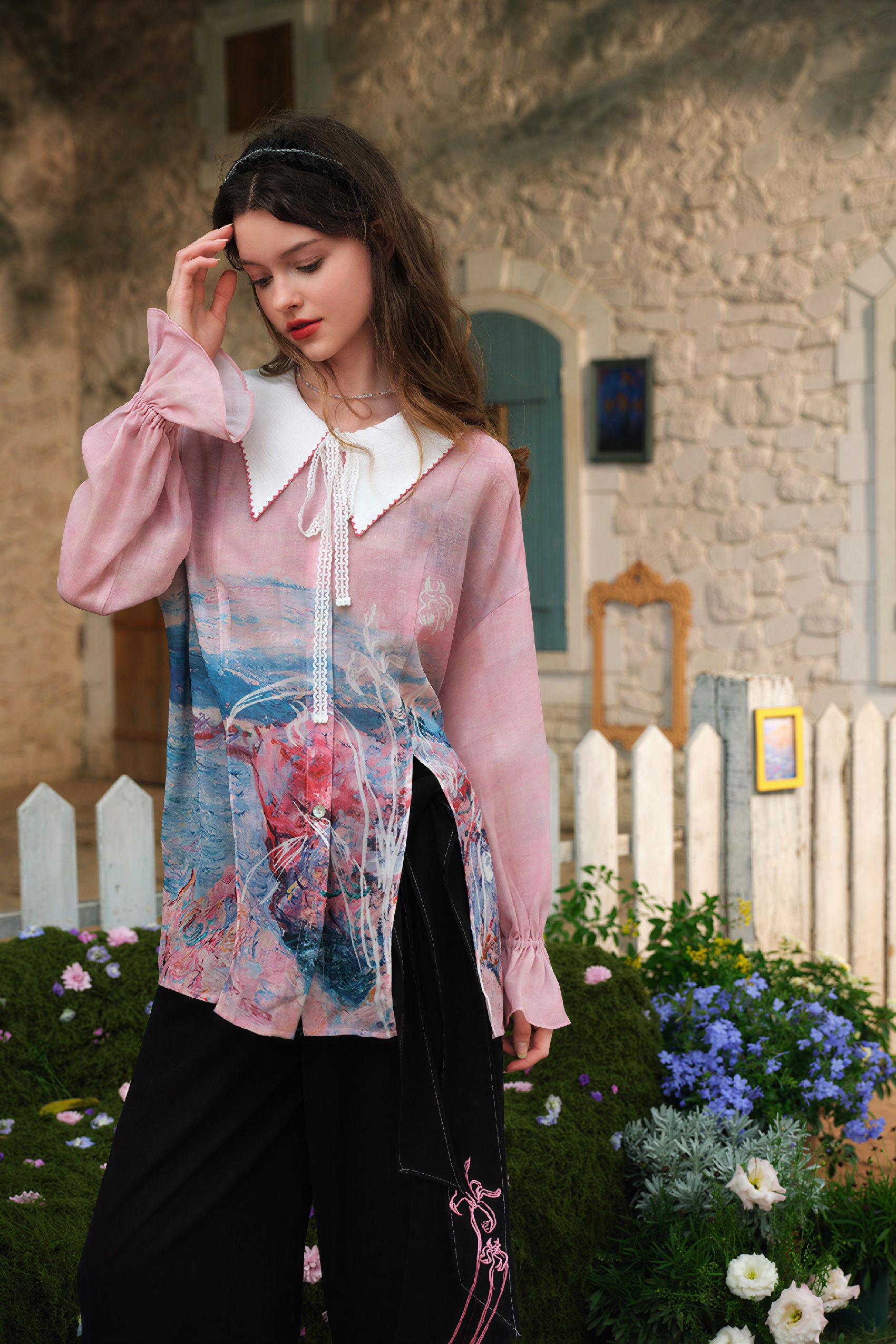Monet-Inspired French Print Chiffon Blouse