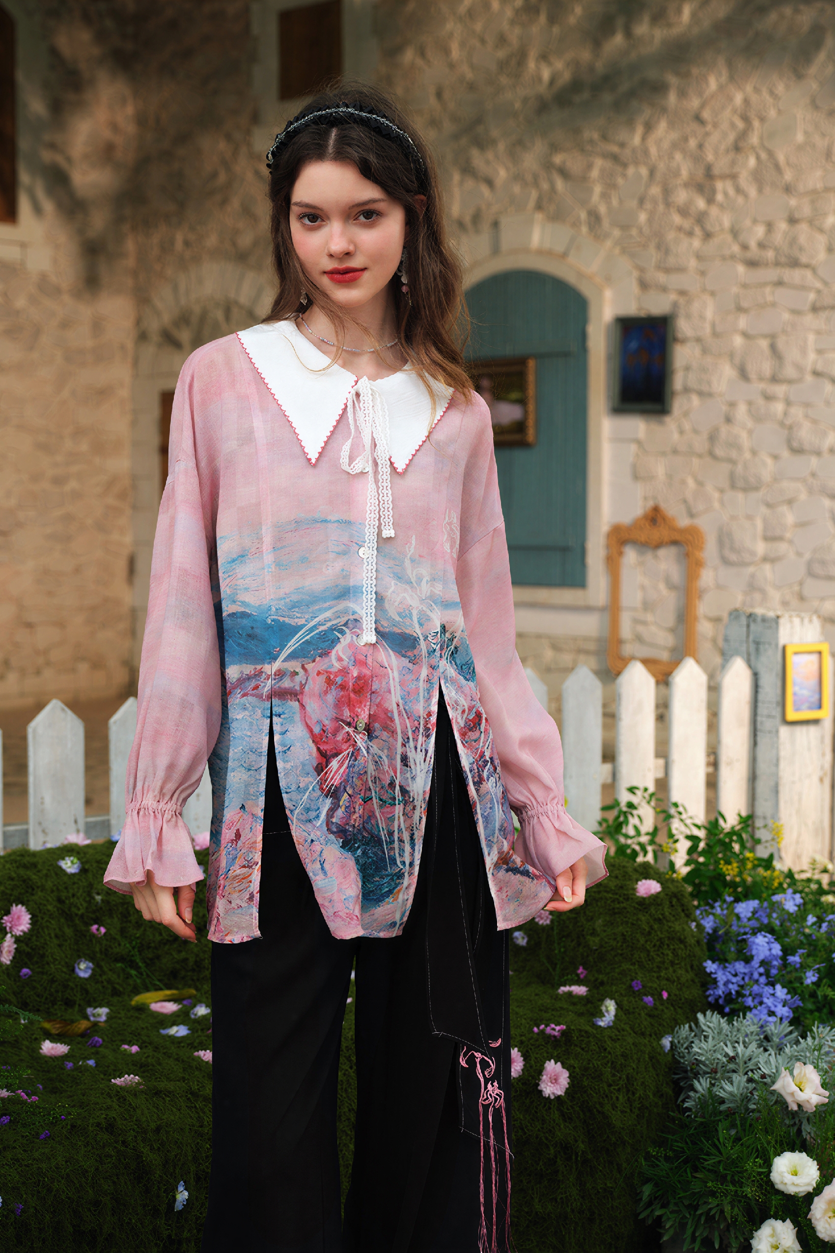 Monet-Inspired French Print Chiffon Blouse