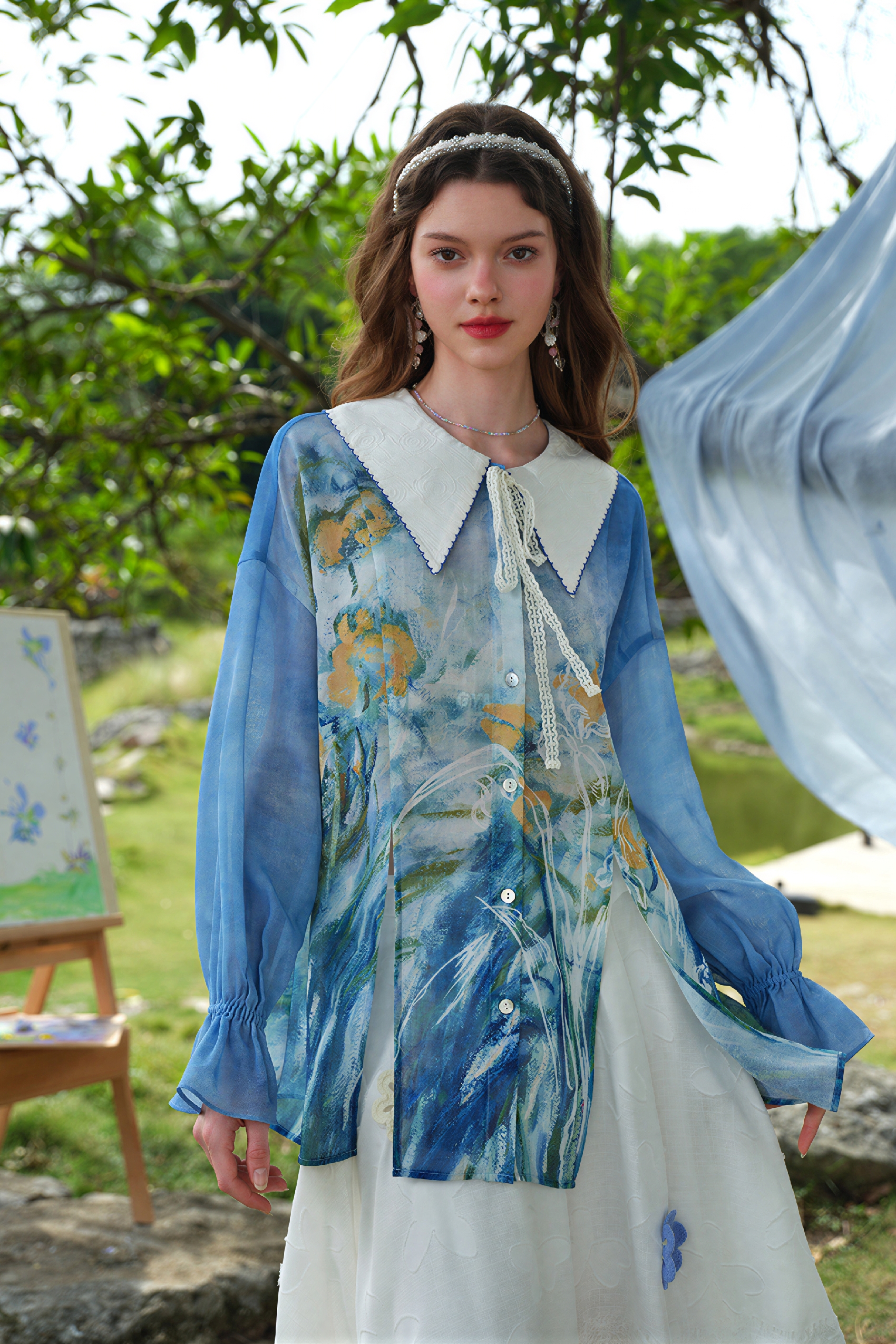 Monet-Inspired French Print Chiffon Blouse