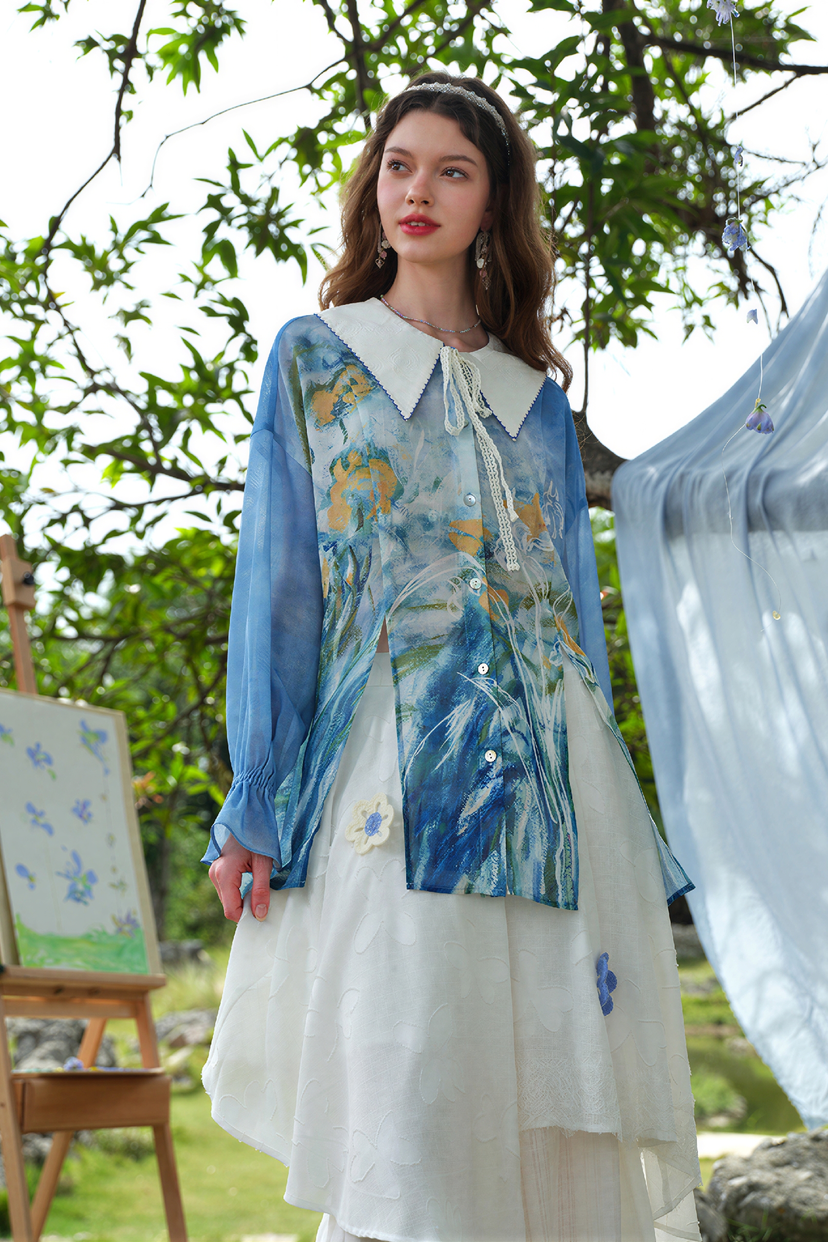 Monet-Inspired French Print Chiffon Blouse