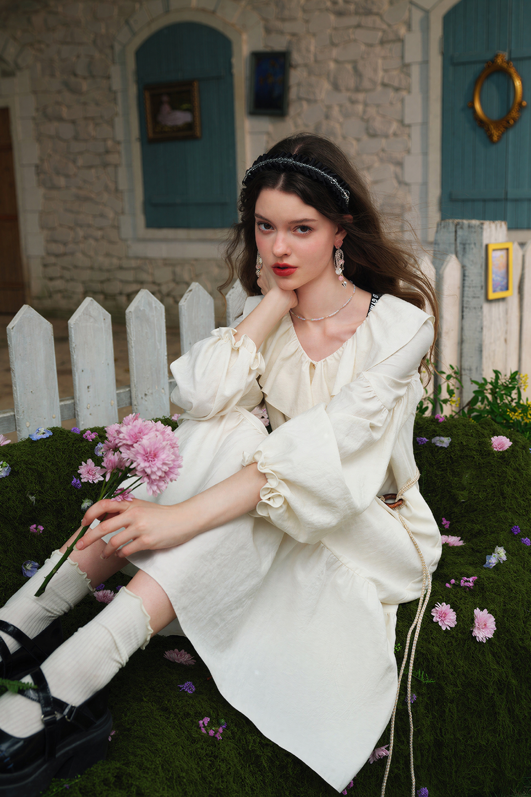French Elegant White Long-Sleeve Dress-LYONSENS