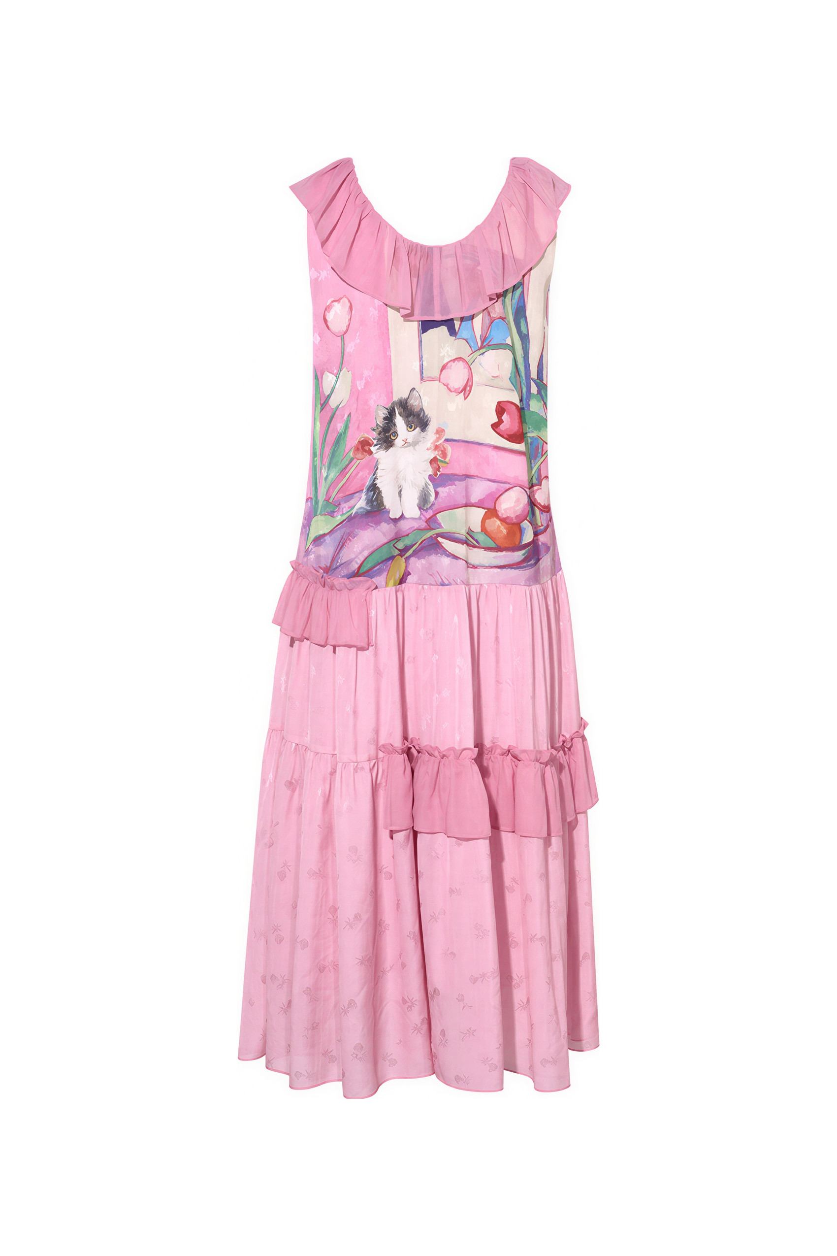 Sweet Ruffle-Trim Printed Sleeveless Dress-LYONSENS